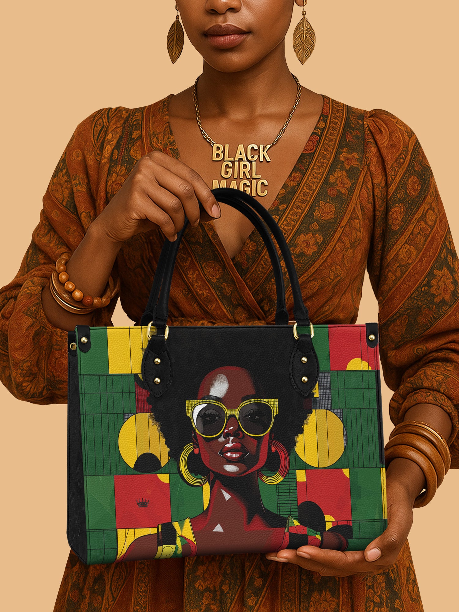 Africa Queen With Sunglasses Leather Bag African Art Bag Black Woman Fashionable Presents