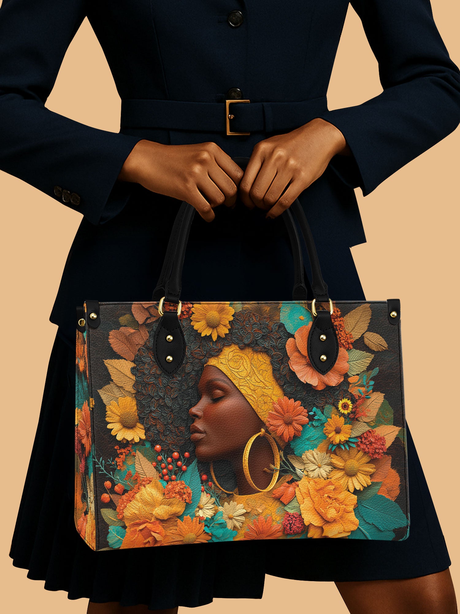 Africa Woman Bright Floral Leather Bag African Art Theme Handbag Native Presents For Mom