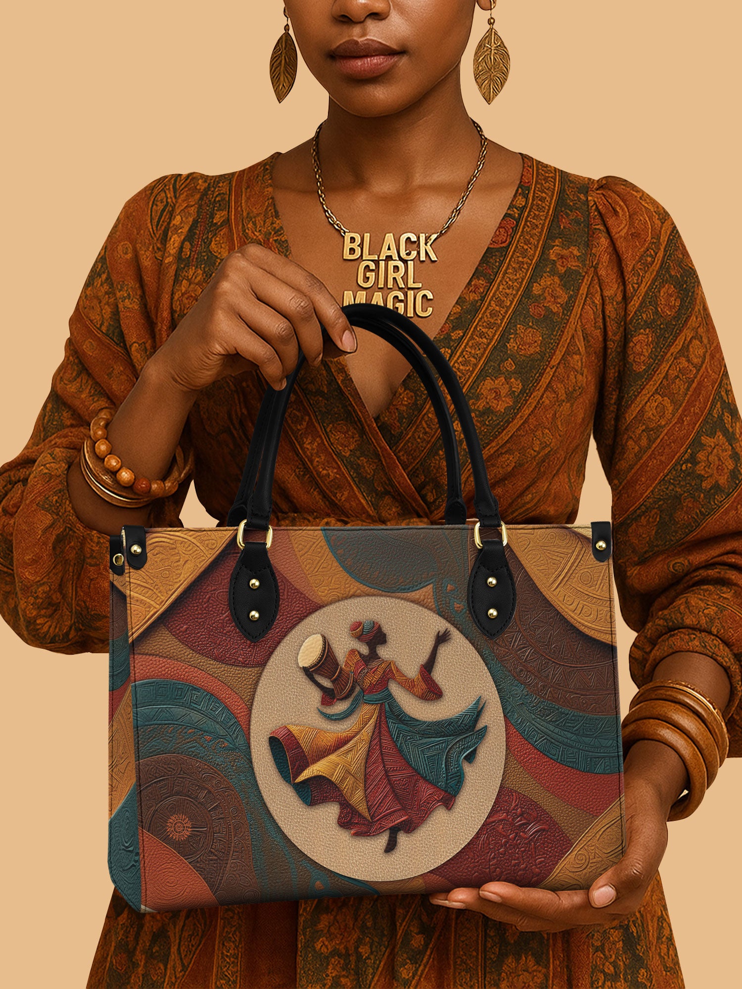 Africa Woman Dancing Rhythm Leather Bag African Art Theme Carryall Native Gifts For Her