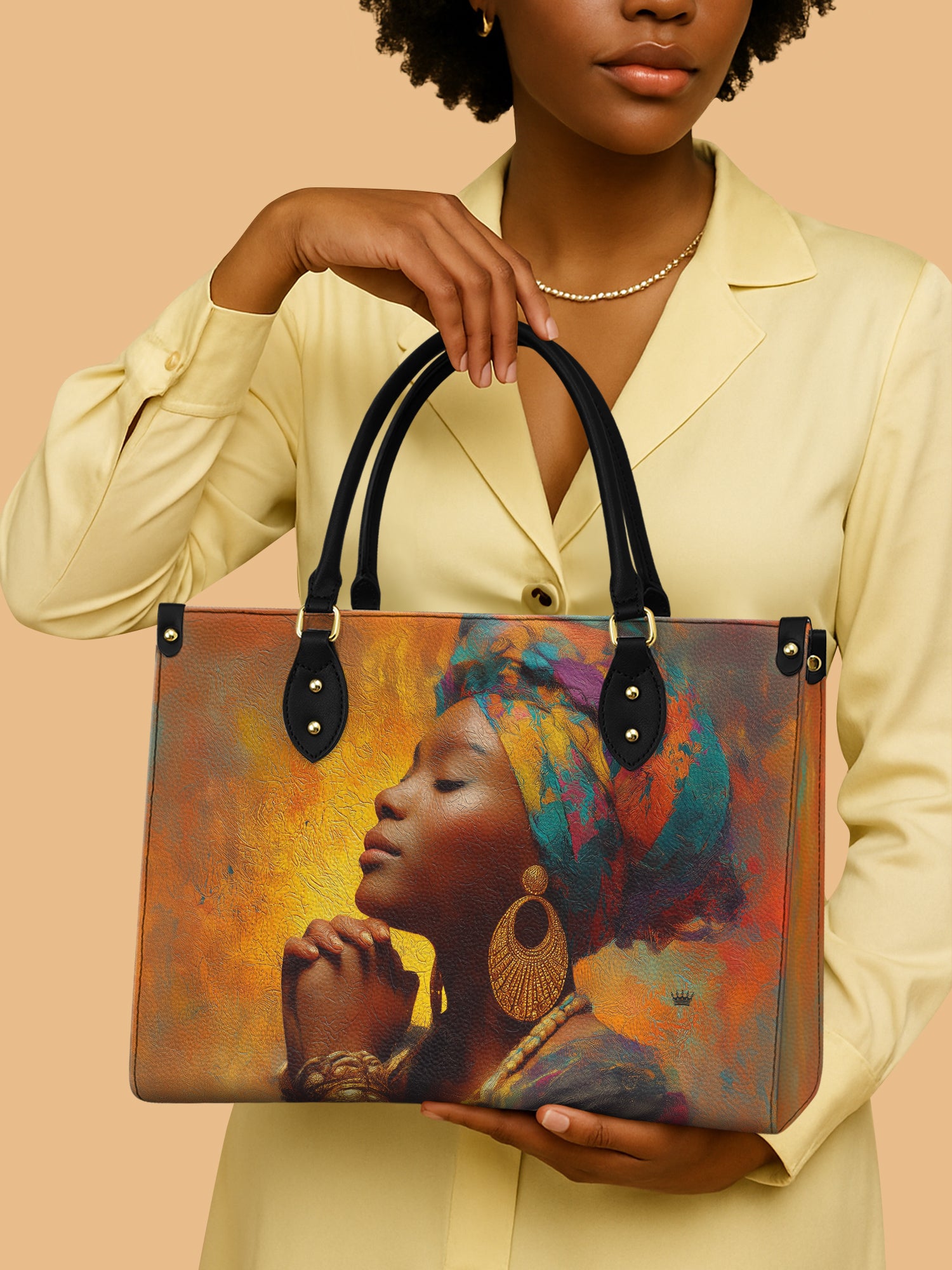 Africa Woman Praying Leather Bag African Art Theme Bag Black Woman Gifts For Native
