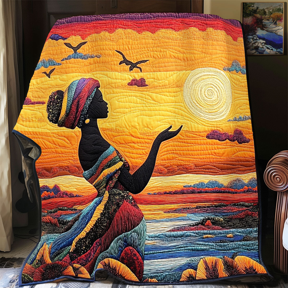 Africa Woman Under Sunset Quilt Blanket Art Throw Blanket Holiday Presents For Art Lovers