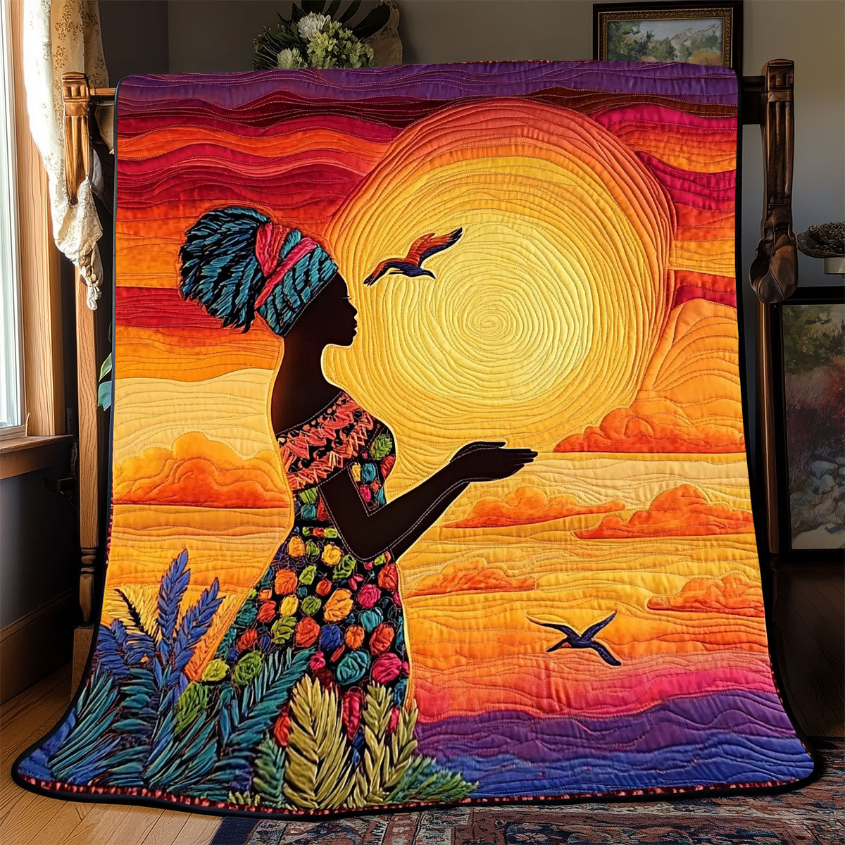 Africa Woman Under Sunset Quilt Blanket Unique Throw Blanket Holiday Present Ideas 2025