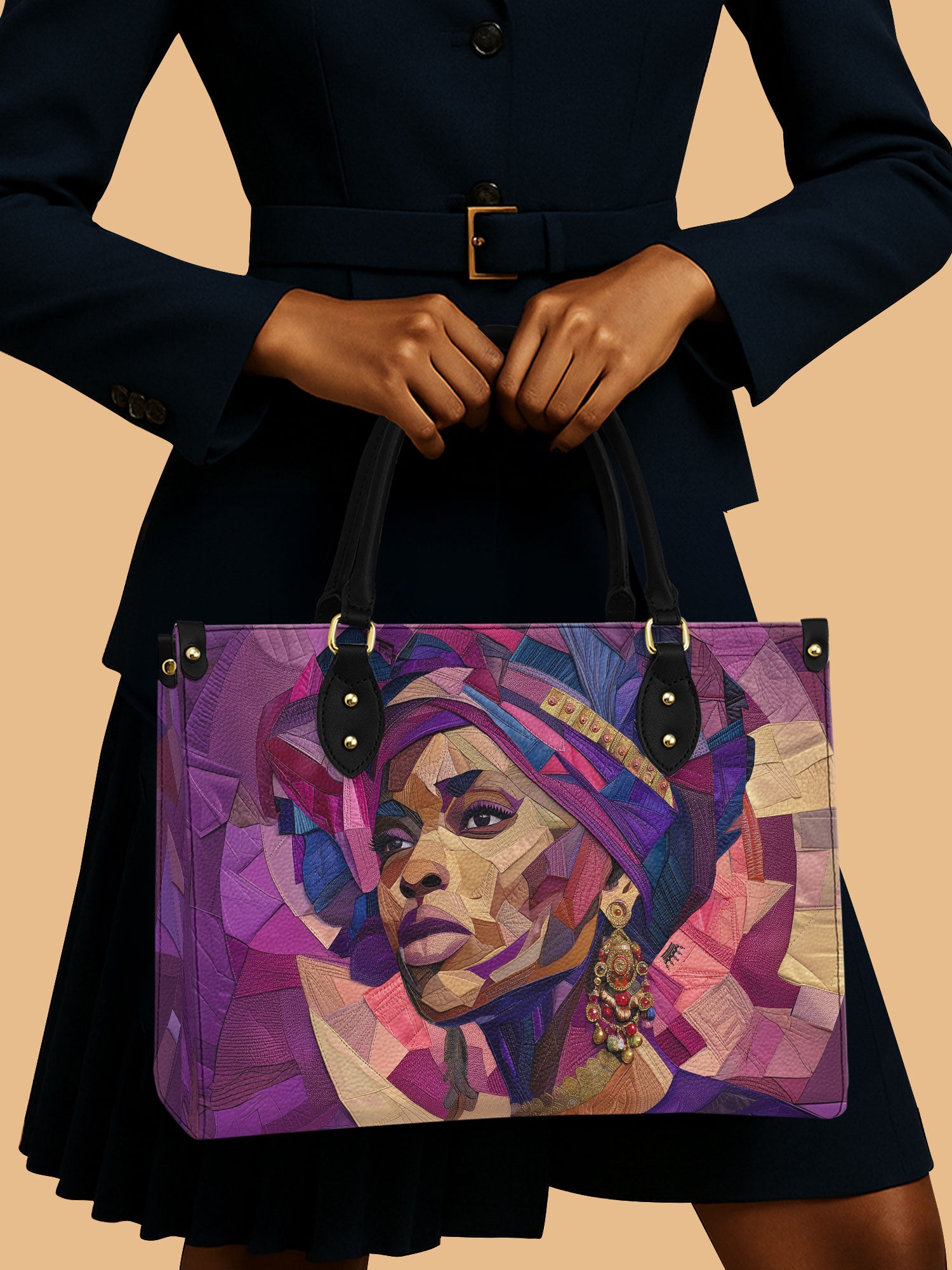 Africa Woman Violet Abstract Leather Bag African Art Inspired Bag Native Gifts For Mom