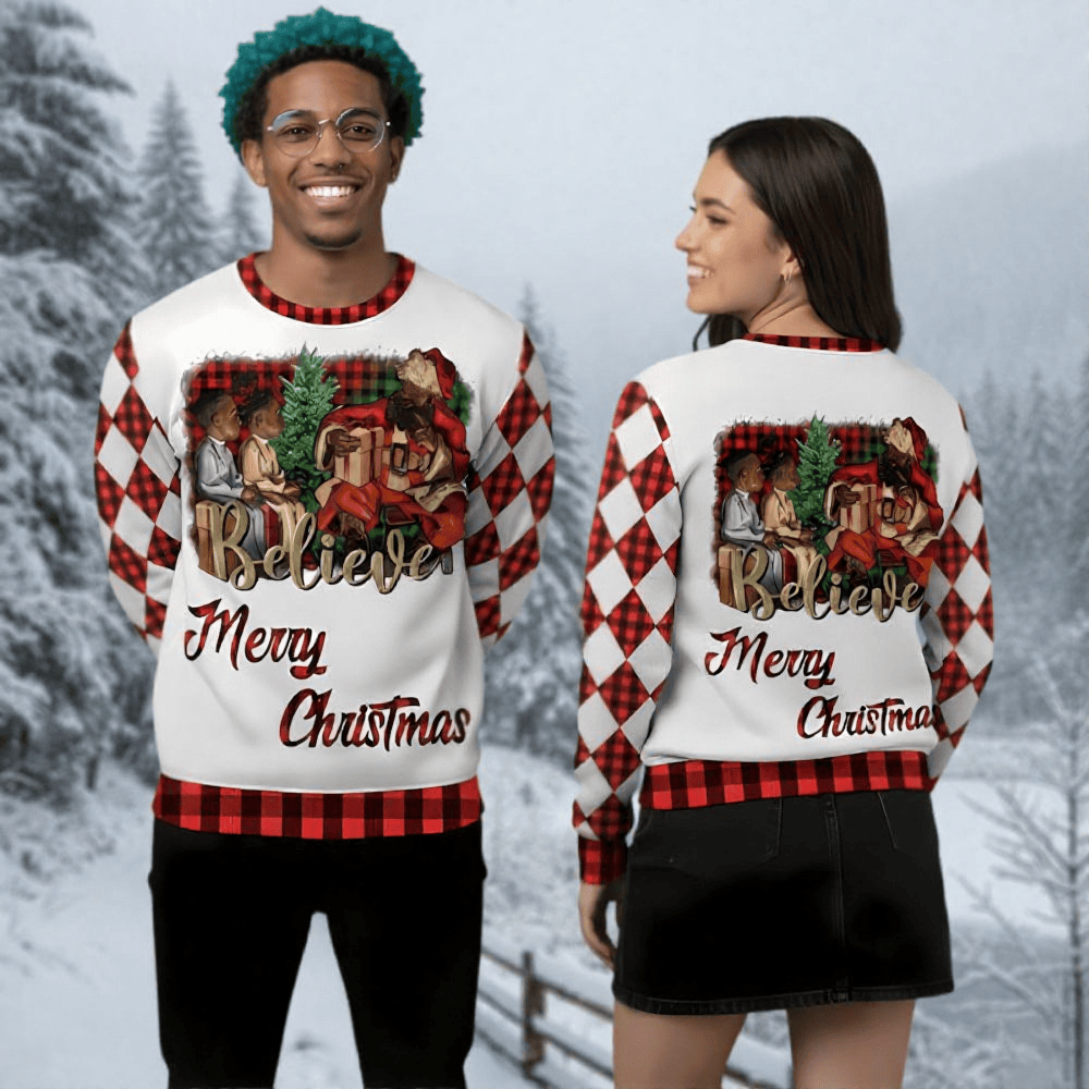 African American Believe Christmas Ugly Sweater Merry Christmas Merch Secret Santa Gifts