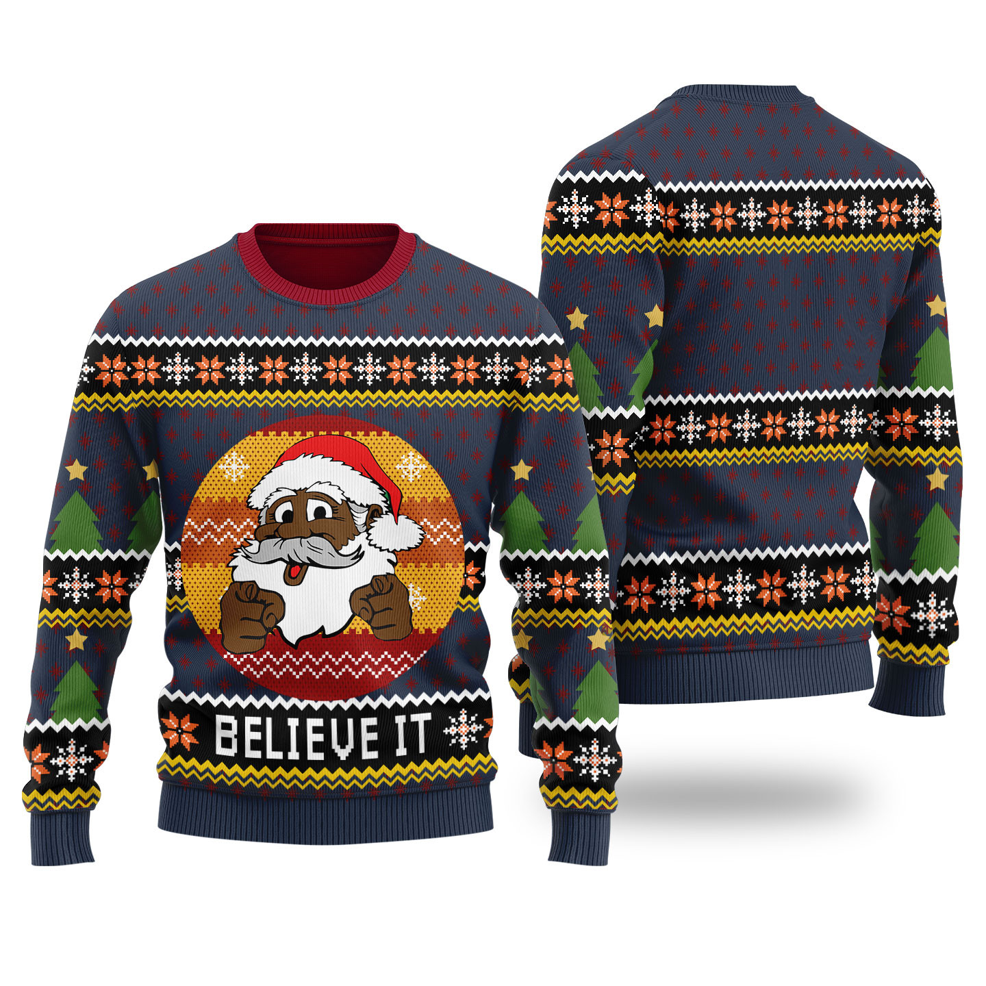 African American Santa Believe Ugly Christmas Sweater Navy Perfect Holiday Gift Merch for Sweater Lovers