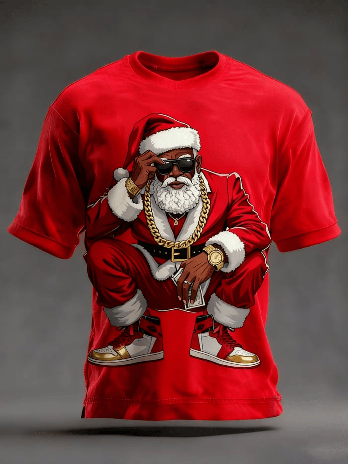 African American Santa Claus Print Short-Sleeve Shirt Cool Xmas Gift for Husband