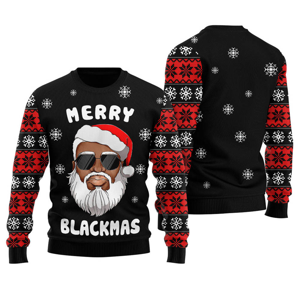 African American Santa Ugly Christmas Sweater Black Casual Winter Sweatshirt for Daily Comfort