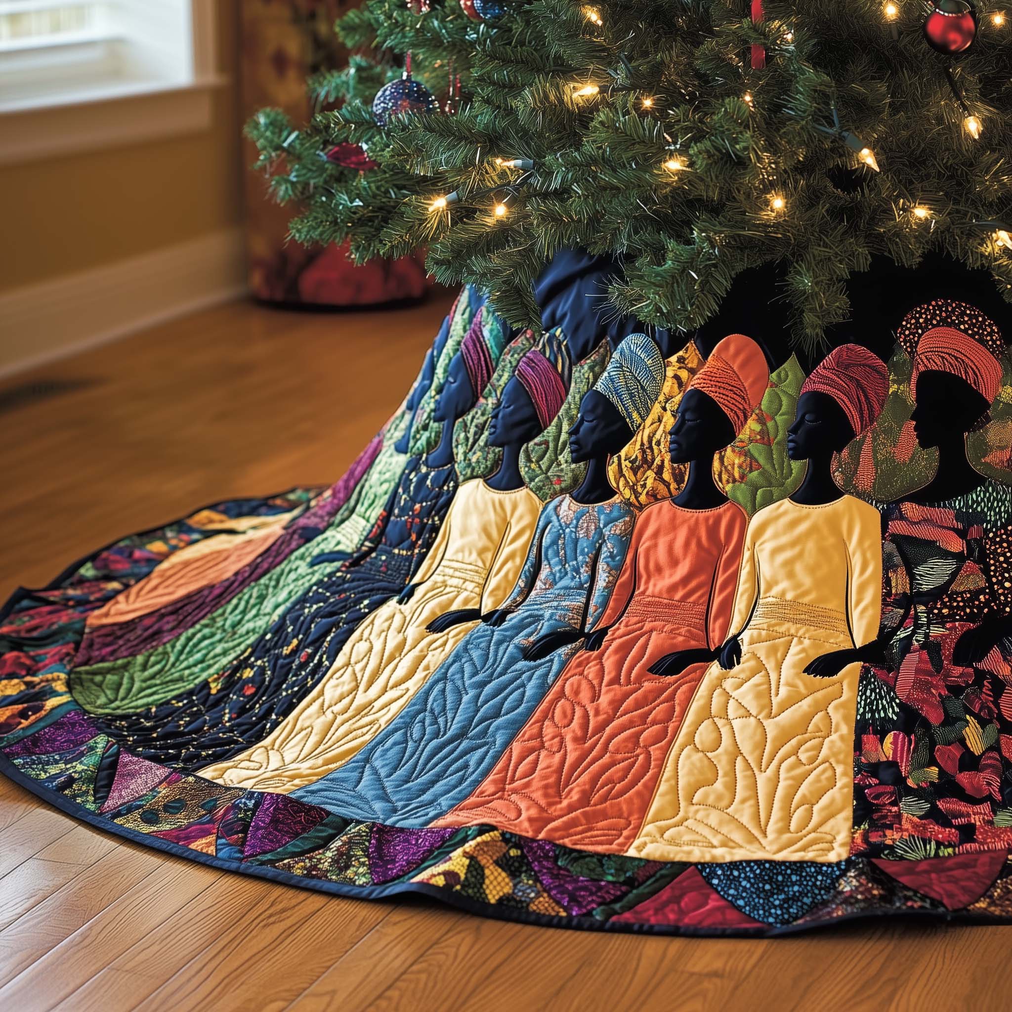 African American Women Quilted Tree Skirt Xmas Decor Gifts For Grandma