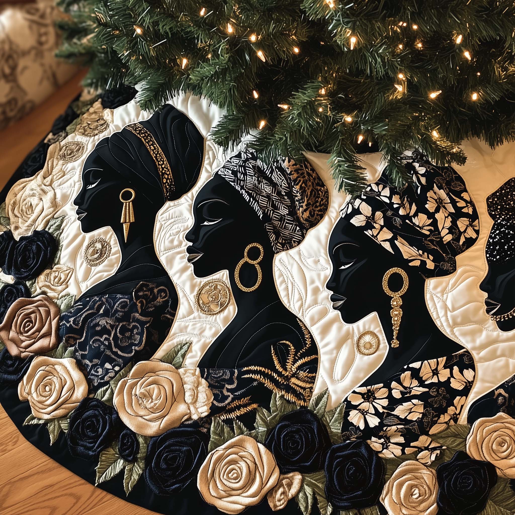 African American Women Quilted Tree Skirt Xmas Merch For Women Tree Decor