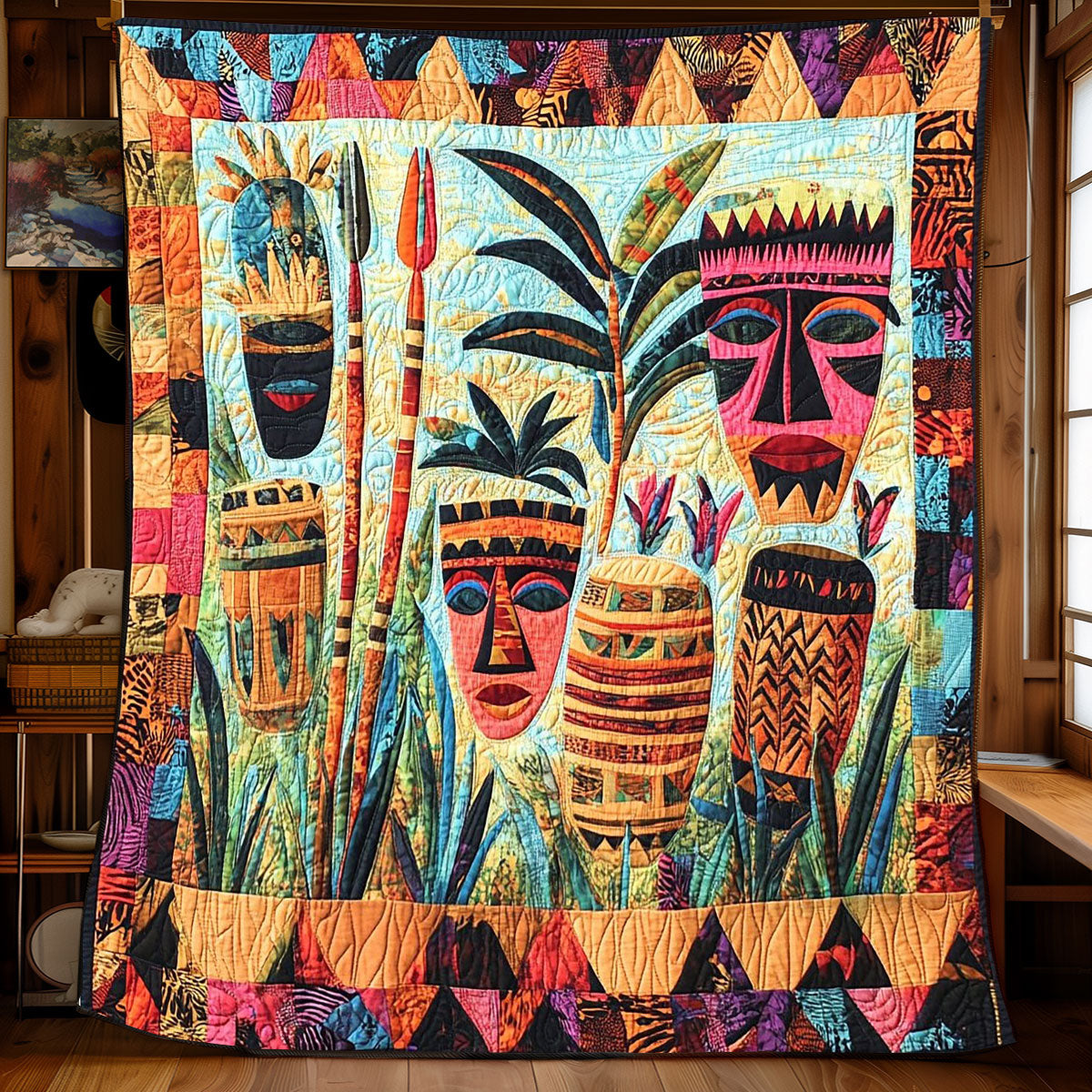 African Chorus of Masks Quilt Blanket African Art Throw Blanket Best Presents For Native