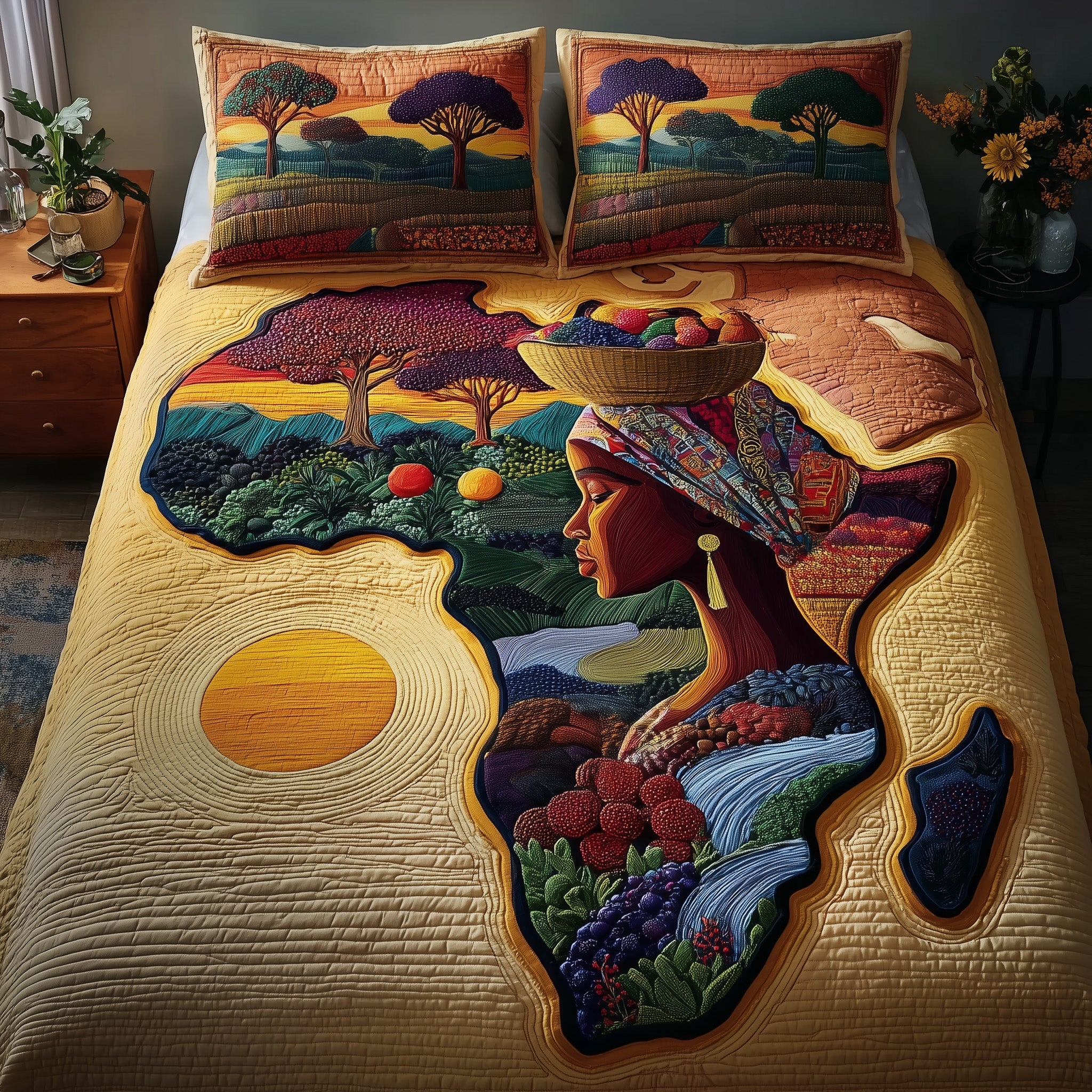 African Dream Quilted Bedding Set Duvet Cover Bedspread Melanin Black Women Gift Ideas