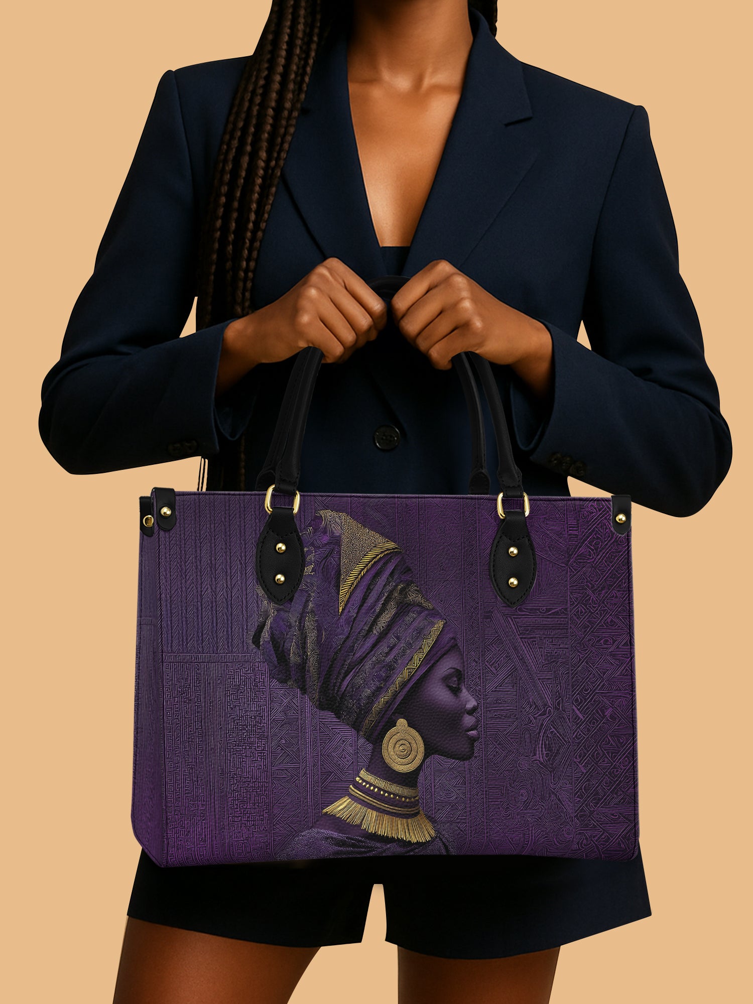 African Headwrap Woman Leather Handbag Purple Afrocentric African American Gifts For Her