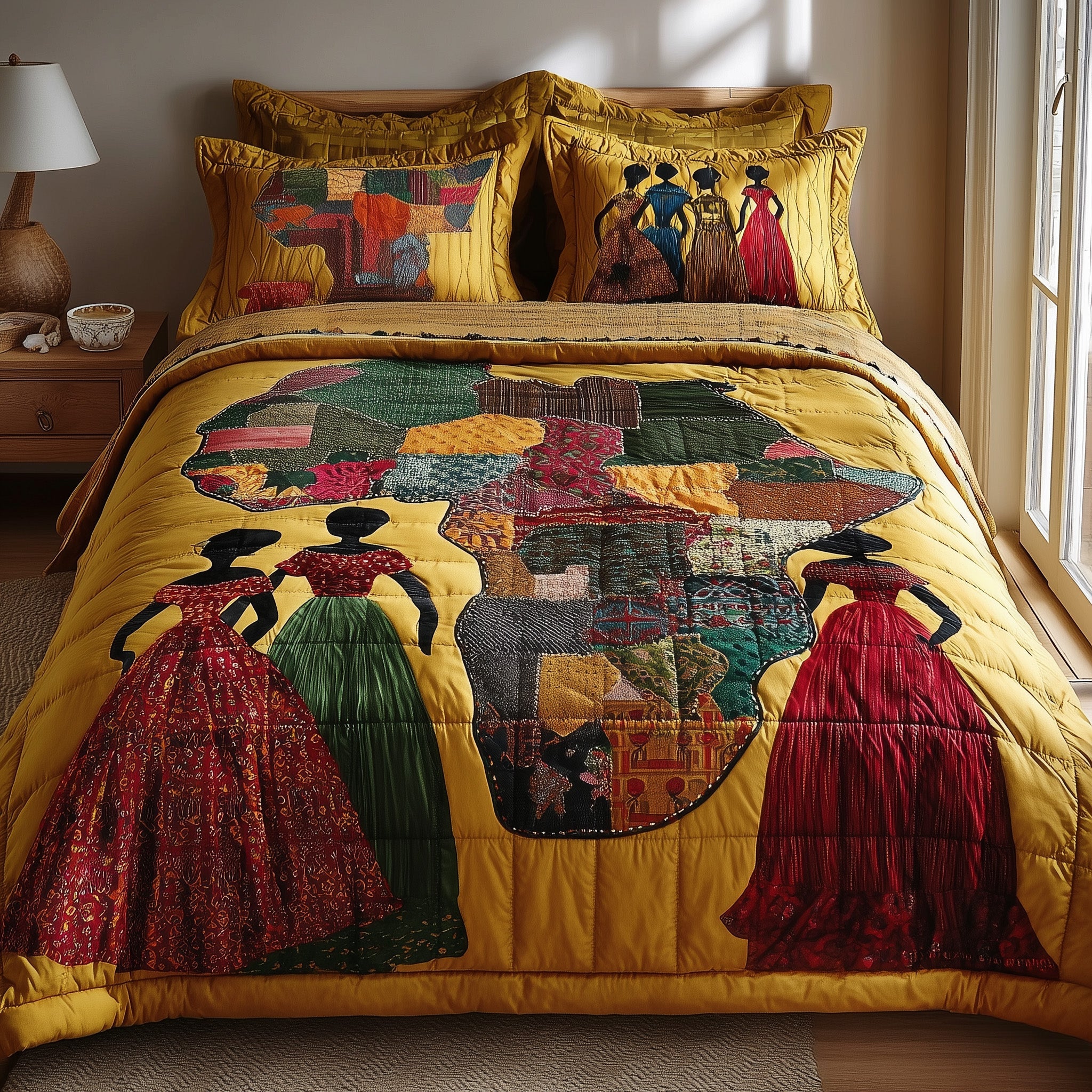 African Heritage Quilted Bedding Set Duvet Cover Bedspread Black Women Melanin Gifts