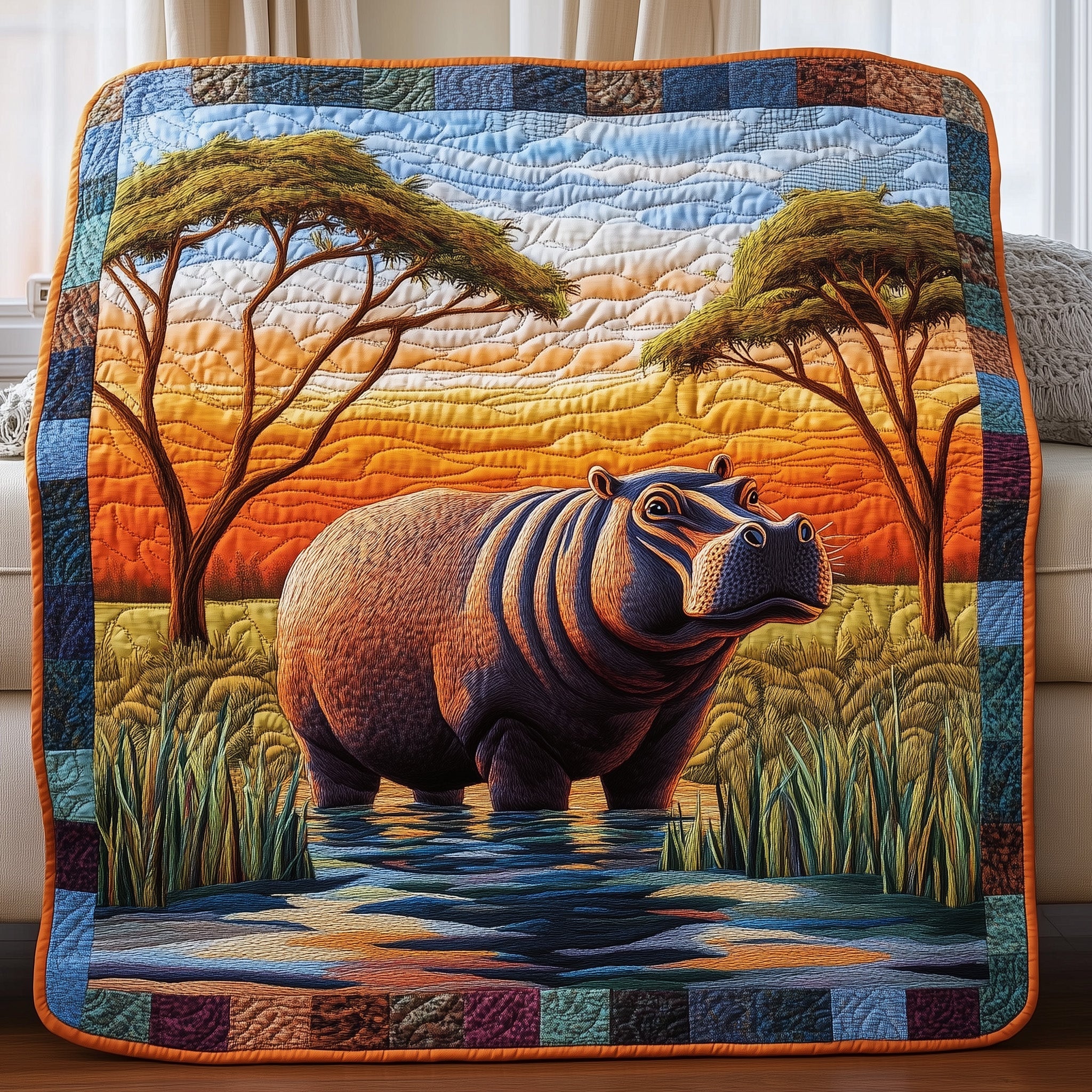 African Hippo Quilted Blanket Sofa Throw BlanketHippo Themed Gifts