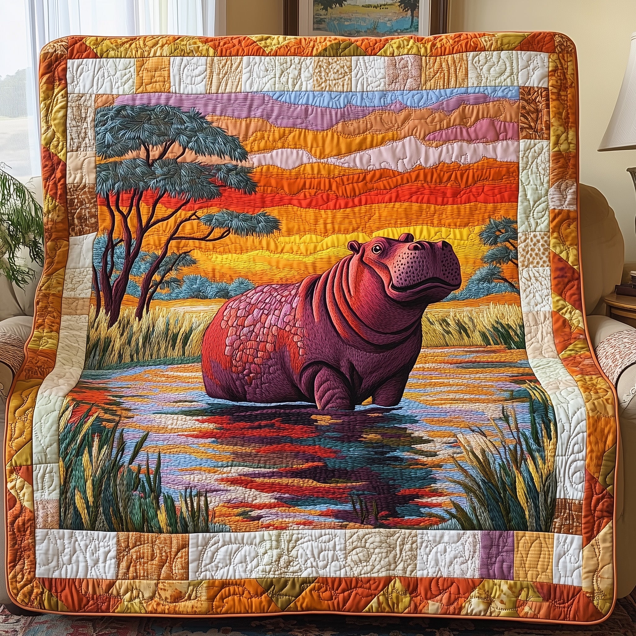 African Hippo Wild Animal Quilted Blanket Cute Hippopotamus Gift Ideas For Christmas