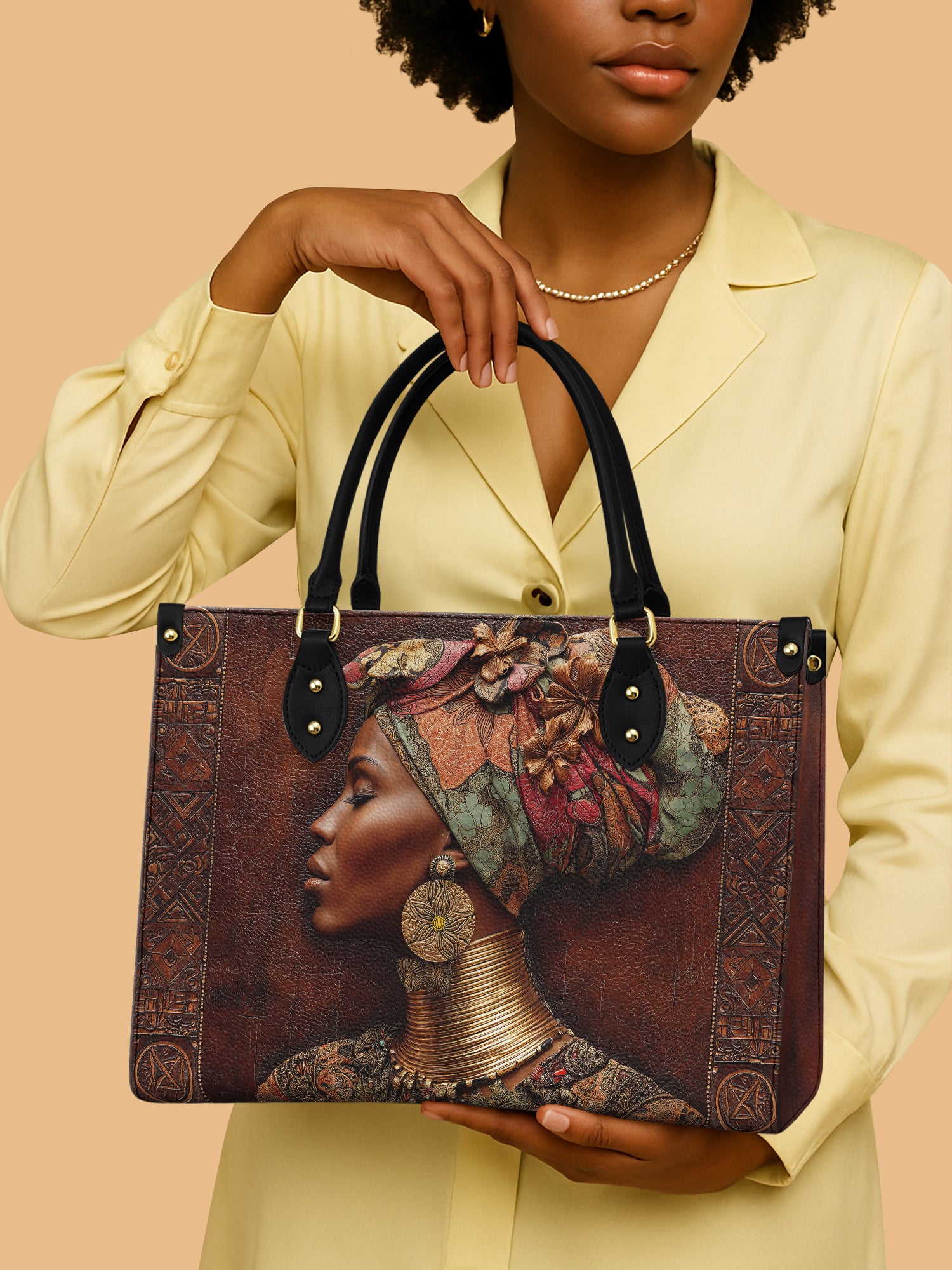 African Lady Floral Turban Leather Bag Black Woman Theme Bag African Art Gifts For Her