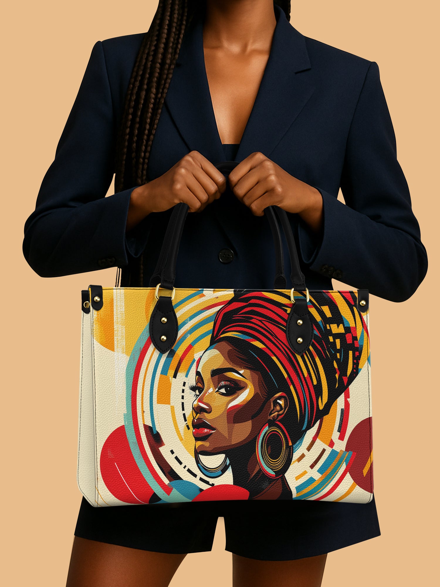 African Queen Abstract Circles Leather Bag African Art Handbag Black Woman Gifts For Mom