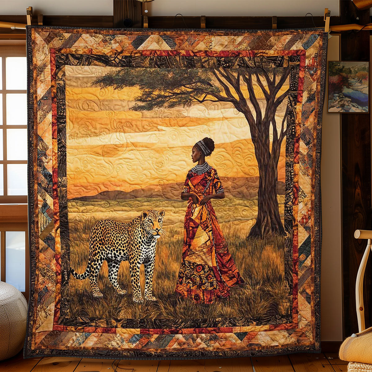 African Queen Acacia and Leopard Quilt Blanket African Art Throw Blanket Gifts For Women