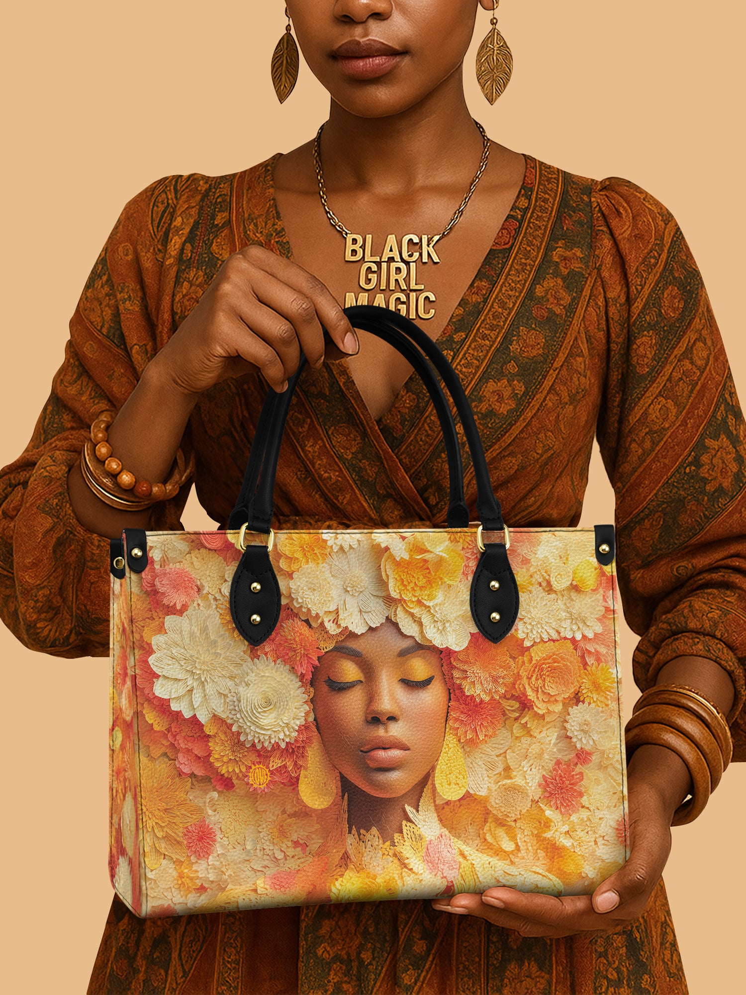 African Queen Autumn Floral Leather Bag Black Woman Theme Bag Native Gifts For Flower Lovers