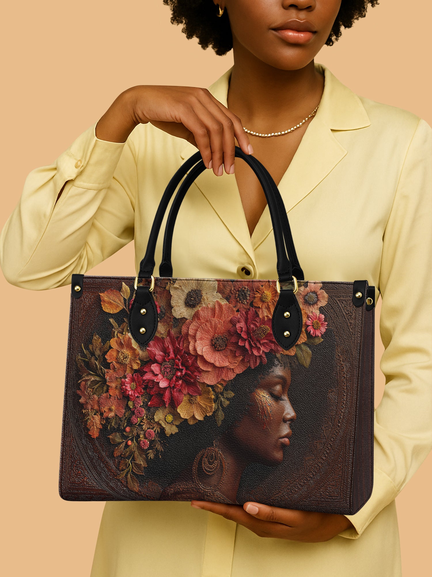 African Queen Blooming Crown Leather Bag Black Women Bag Bright Gifts For Flower Lovers