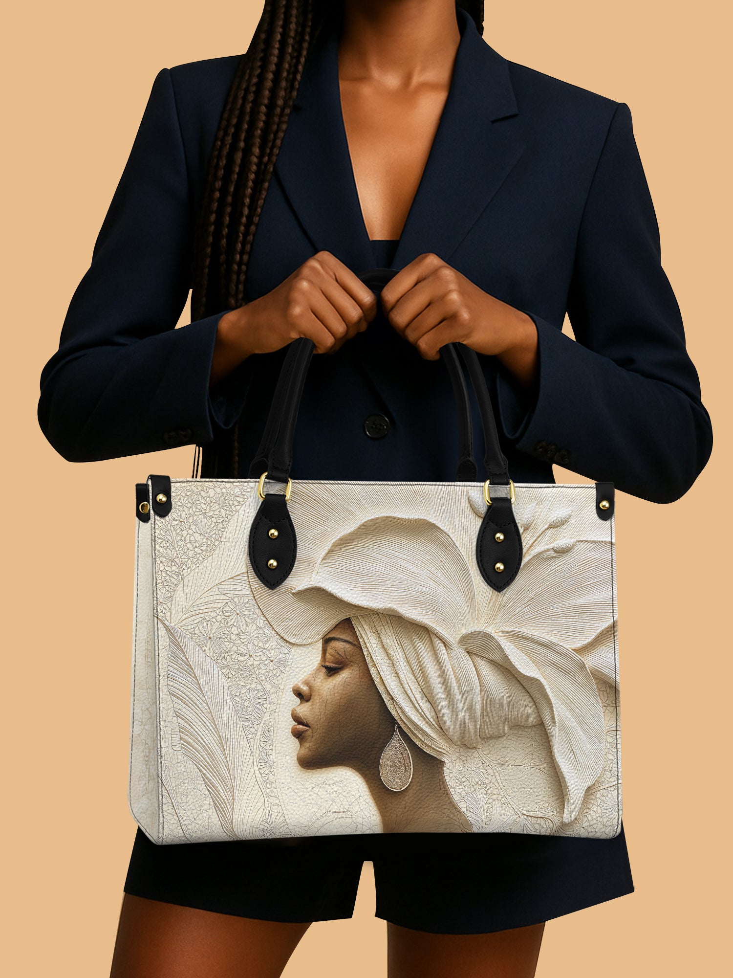 African Queen Blossom Leather Bag Black Woman Themed Merch Ivory Art Gifts For Mom