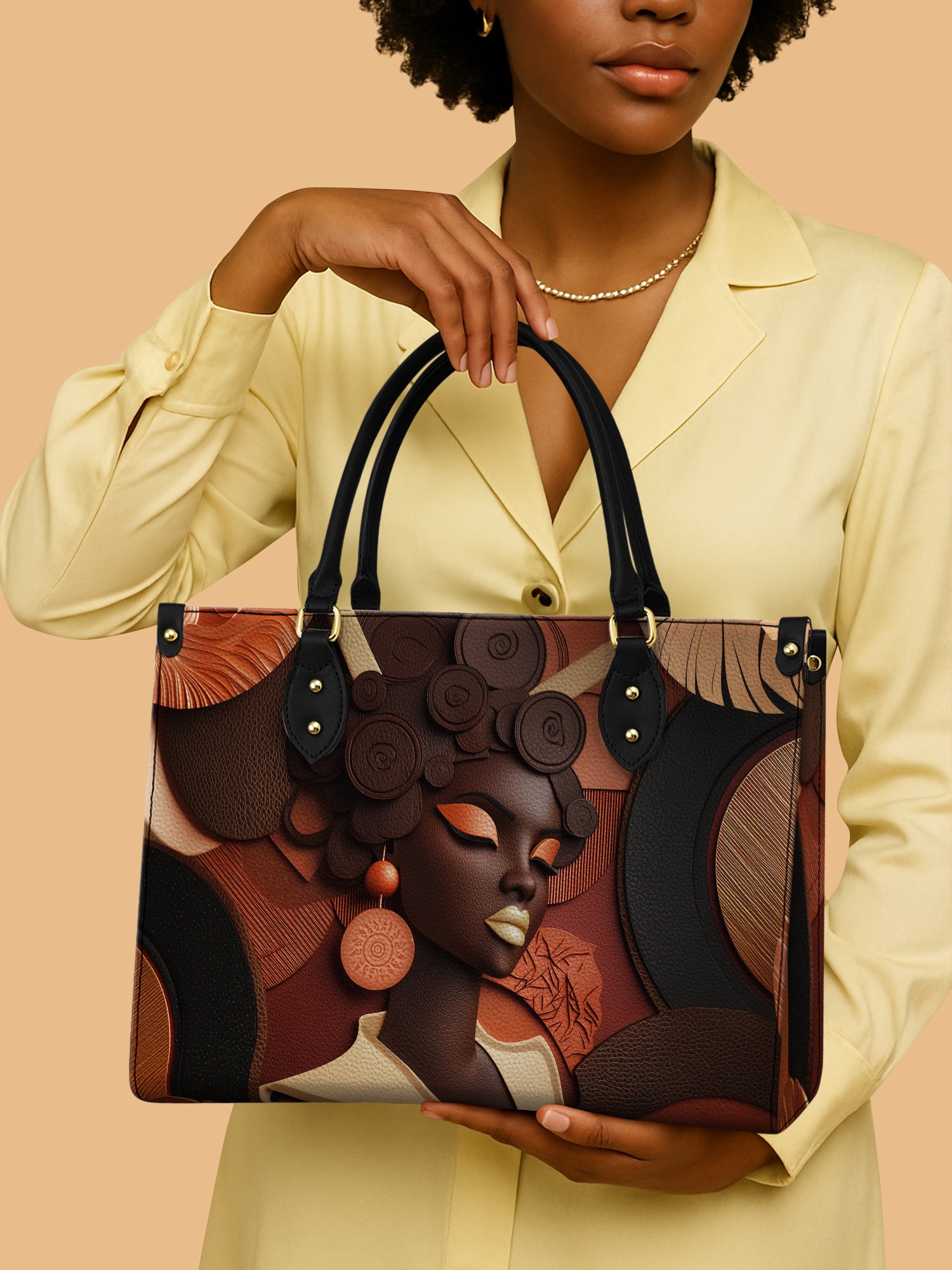 African Queen Dark Choco Tone Leather Bag African Art Handbag Black Women Gifts For Sister