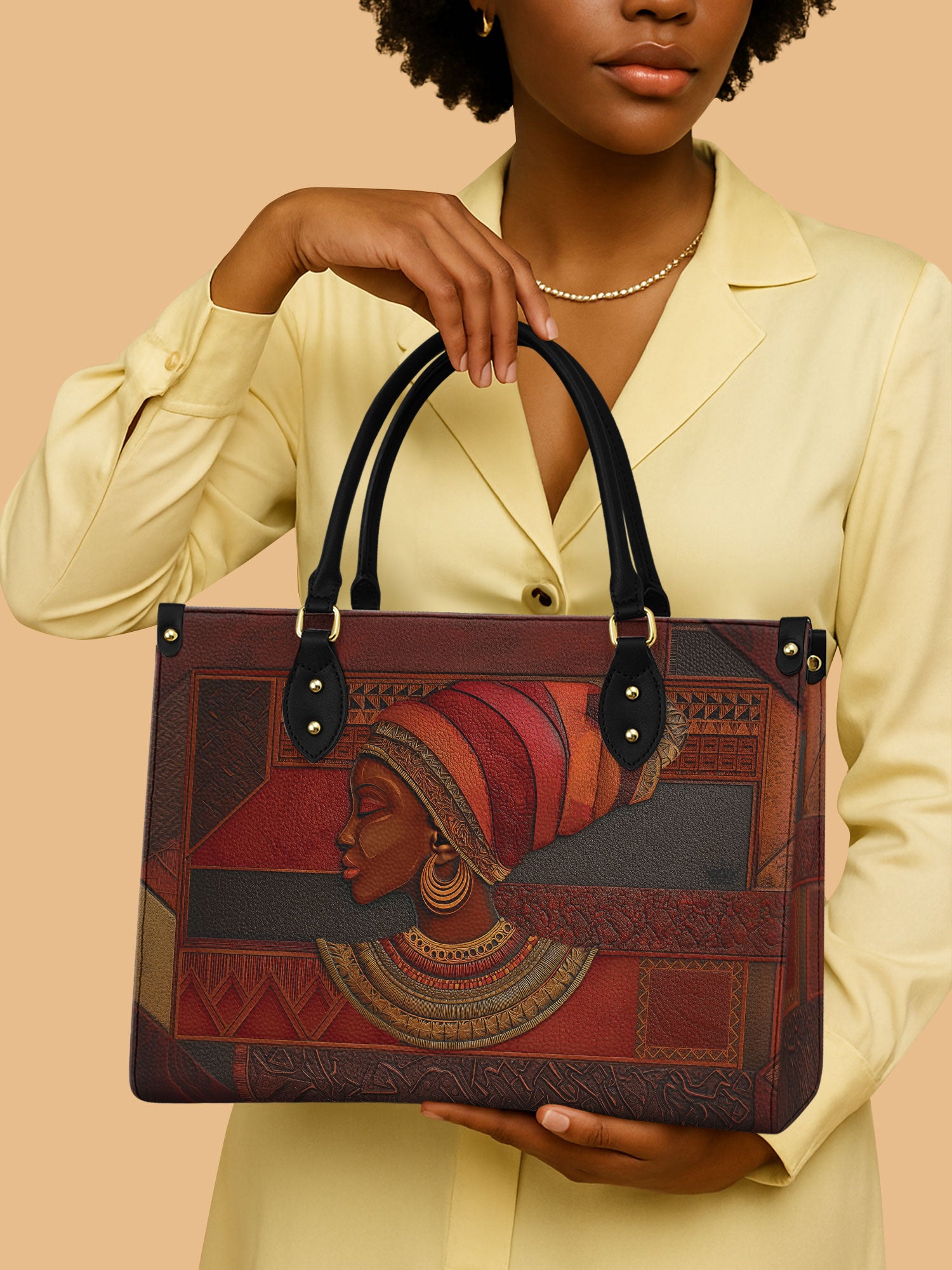 African Queen Earth Tone Turban Leather Bag Black Woman Handbag Elegant Gifts For Her