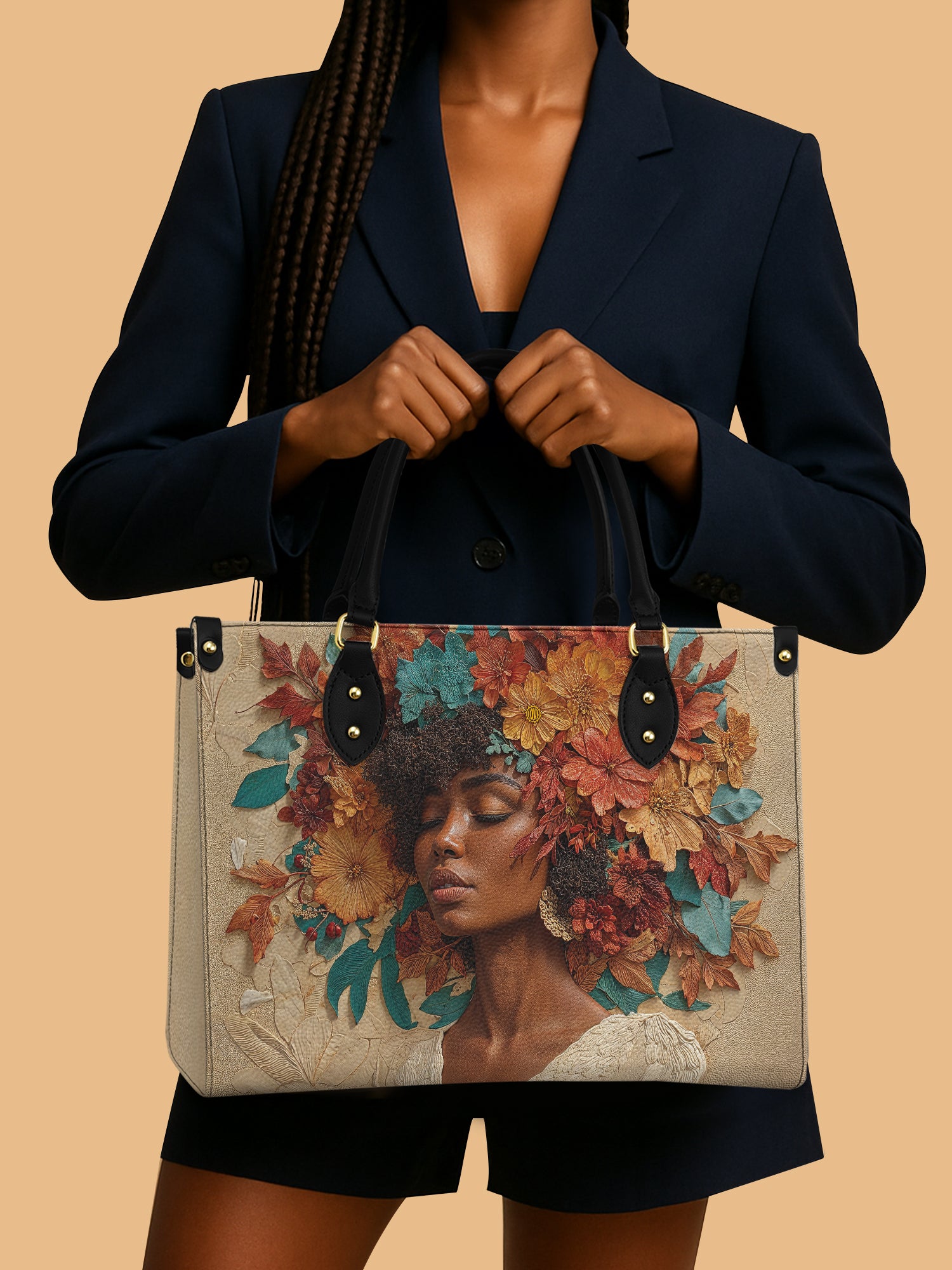 African Queen Fall Floral Leather Bag African Art Theme Bag Black Woman Flower Lover Gifts