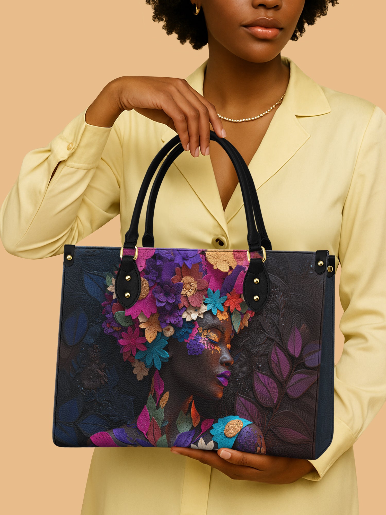 African Queen Floral Shine Leather Bag African Art Bag Black Woman Gifts For Flower Lovers