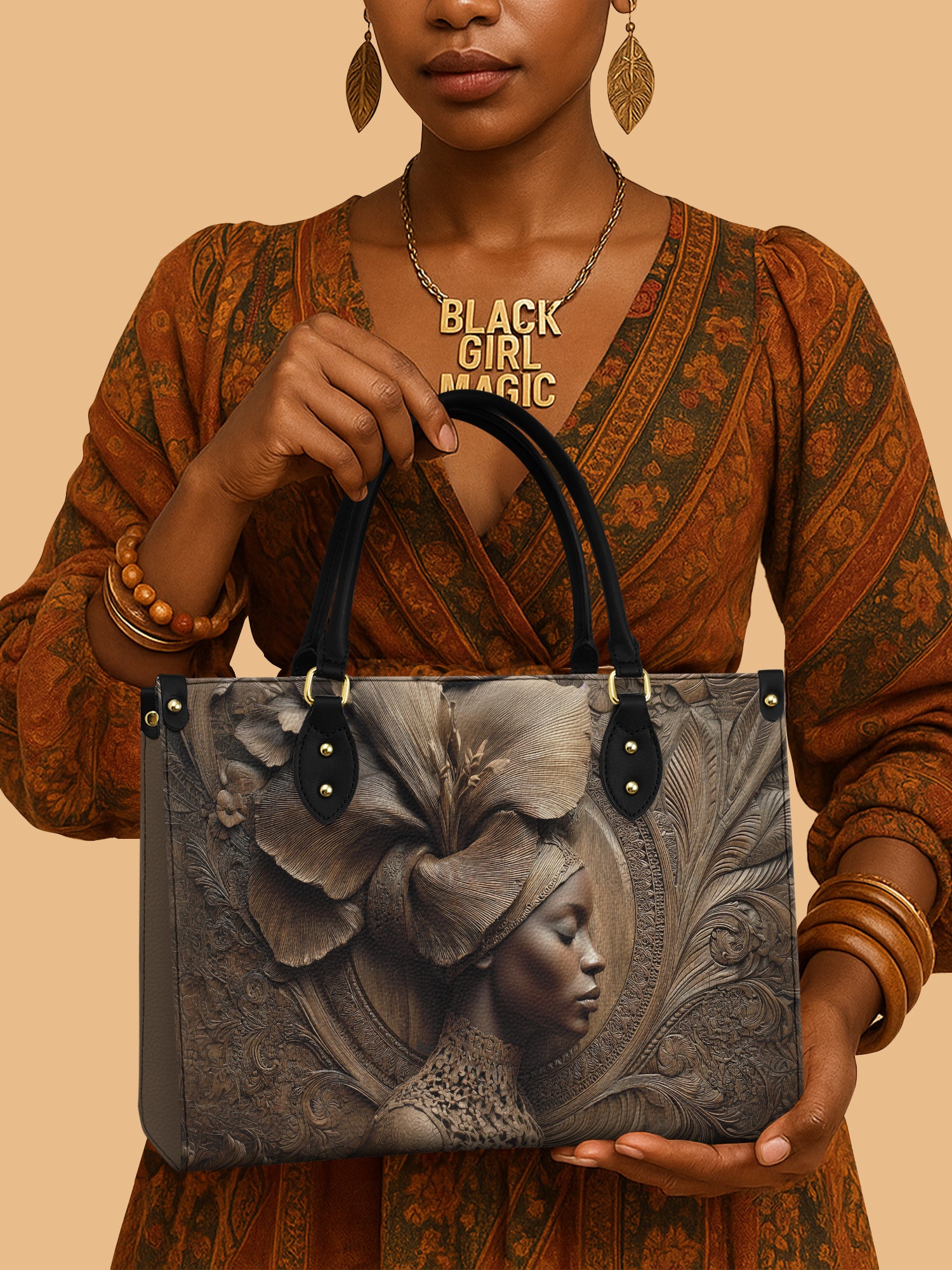 African Queen Floral Spirit Leather Bag African Art Theme Bag Black Women Gifts For Her