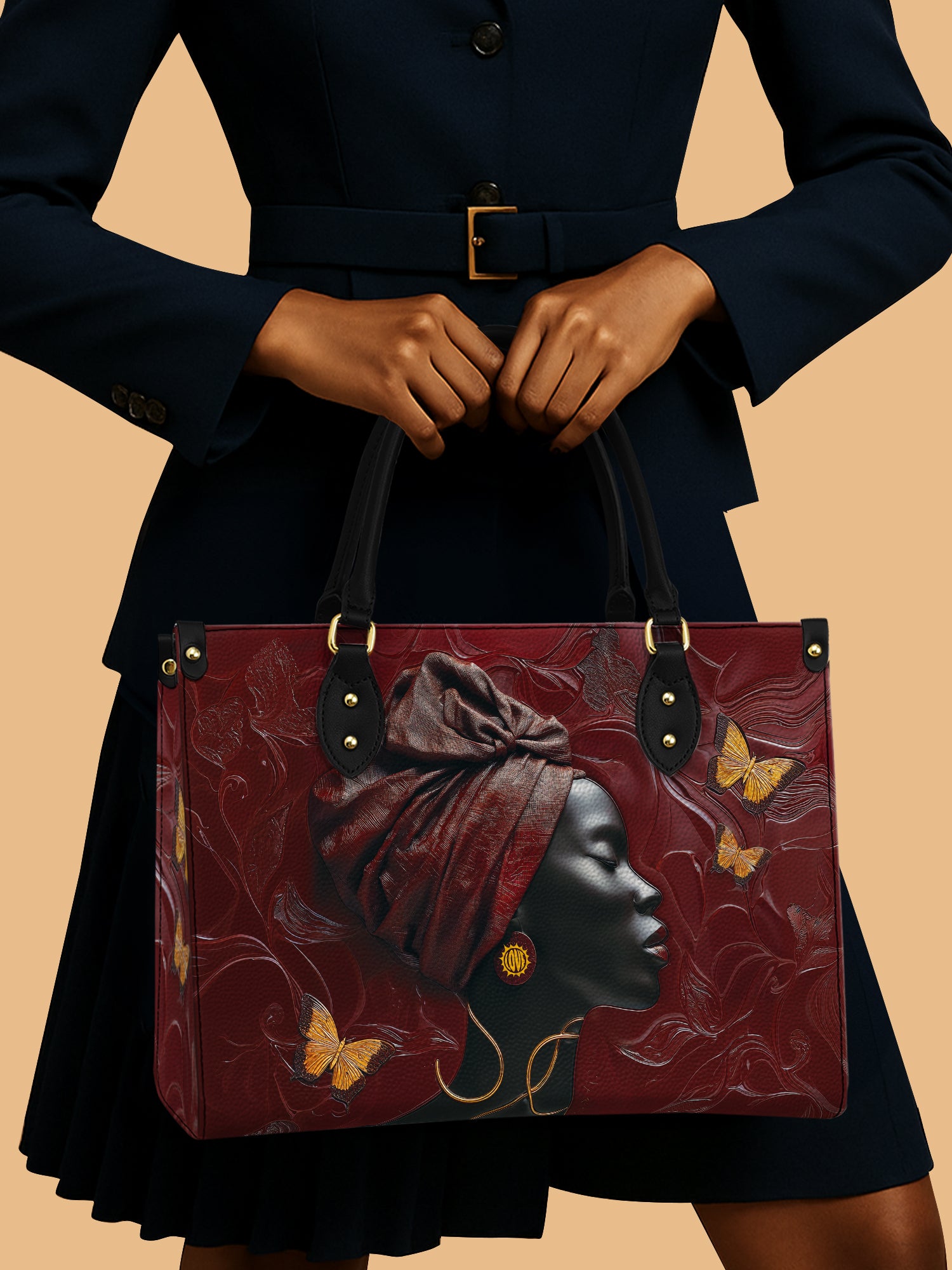 African Queen Golden Butterfly Leather Bag African Art Handbag Red Theme Native Gifts For Her