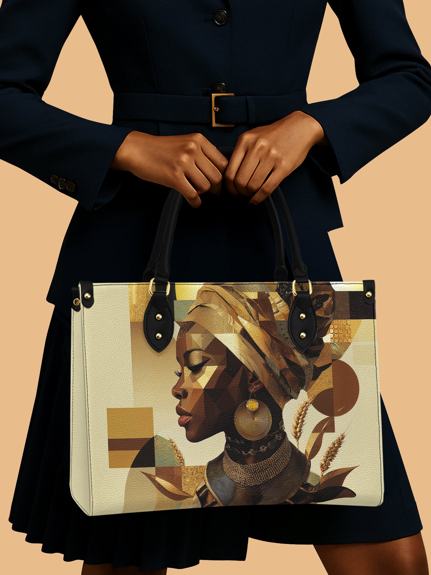 African Queen Golden Facets Leather Bag African Art Handbag Black Woman Gifts For Her