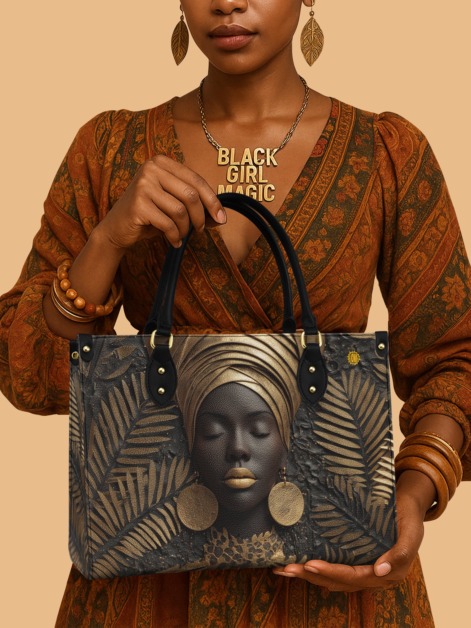 African Queen Golden Goddess Leaf Leather Bag African Art Handbag Native Gifts For Her