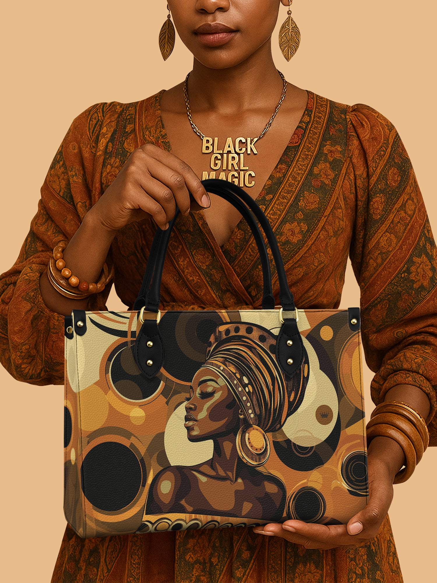 African Queen Golden Orbit Leather Bag African Art Theme Bag Luxury Native Gifts For Her