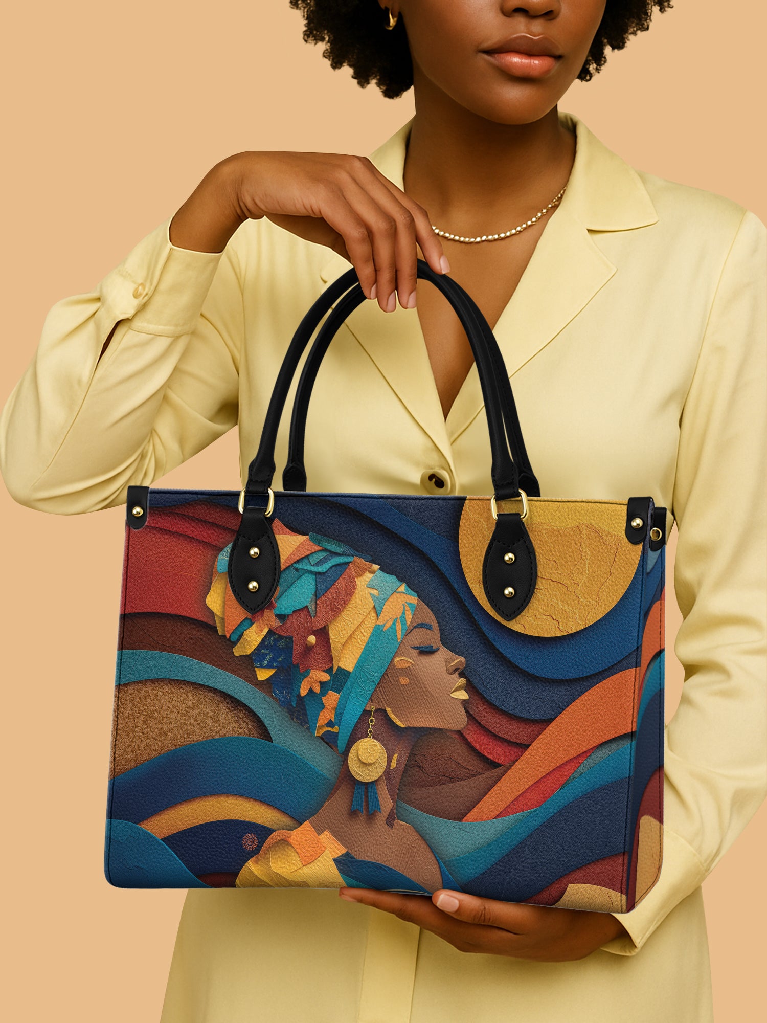 African Queen Golden Sun And Waves Leather Bag Black Woman Bag African Art Gifts For Her