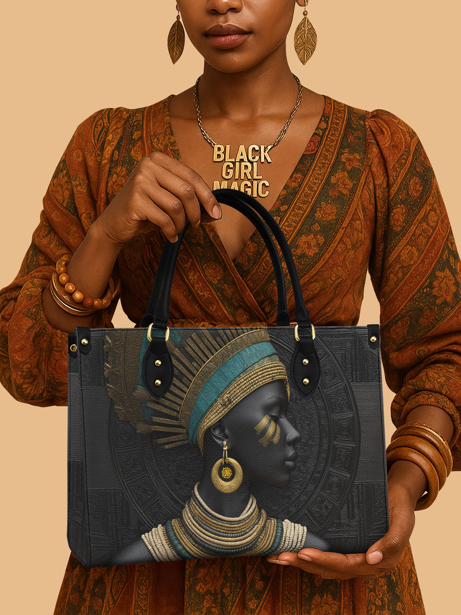 African Queen Golden Warrior Goddess Leather Bag Black Woman Bag African Art Gifts For Her
