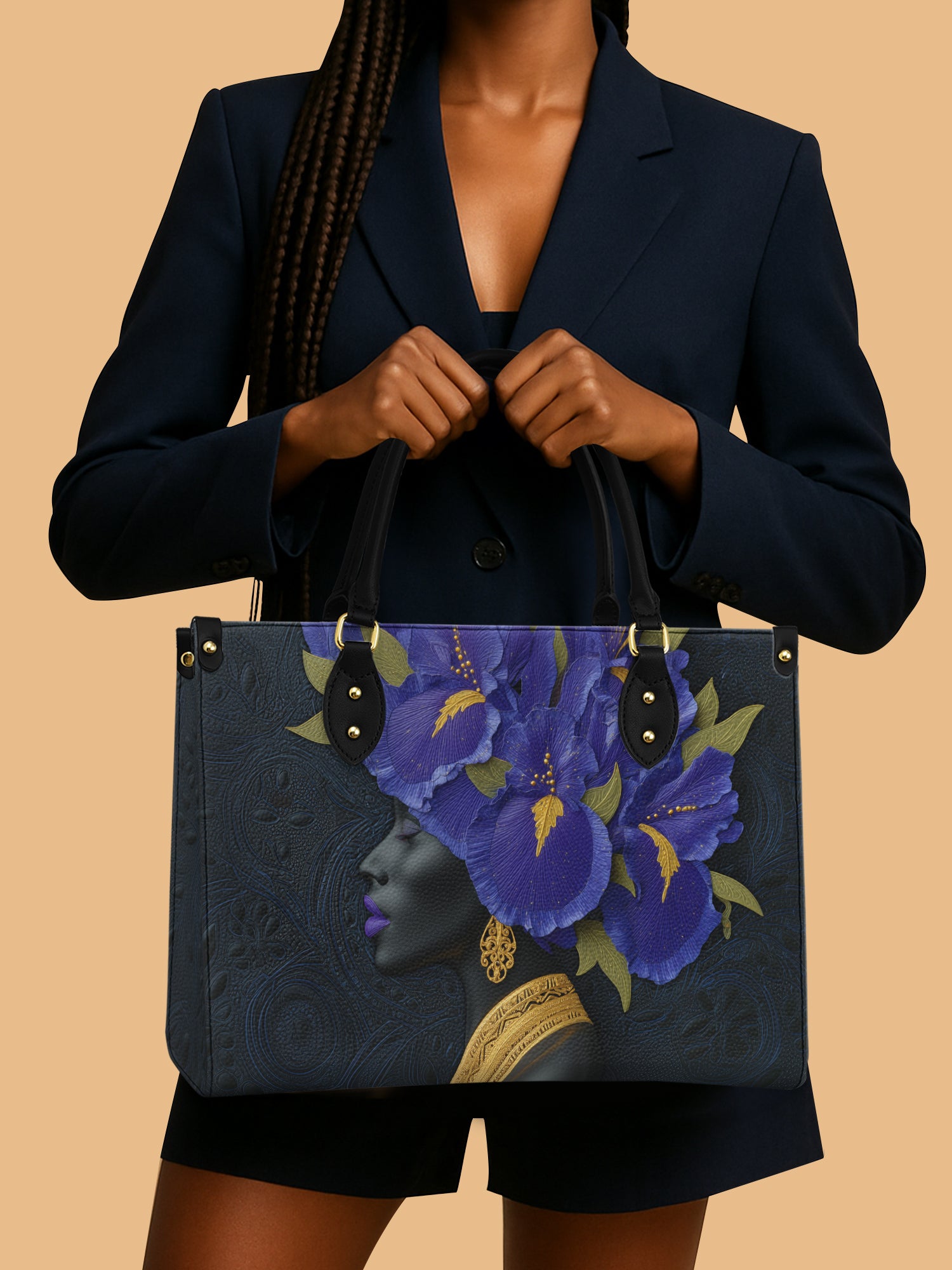 African Queen Iris Crown Leather Bag African Flower Art Merch Black Woman Gifts For Her