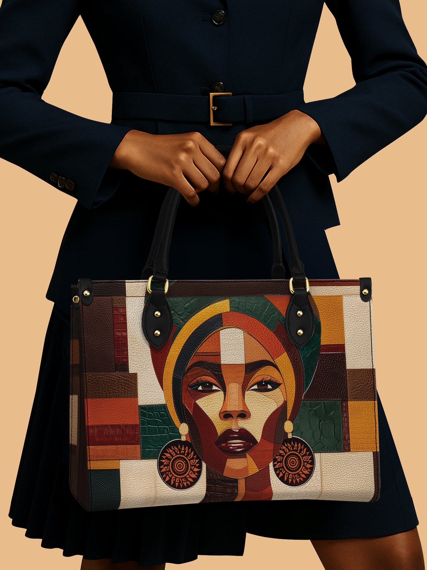 African Queen Mosaic Portrait Leather Bag Black Women Handbag Unique Native Gifts For Mom