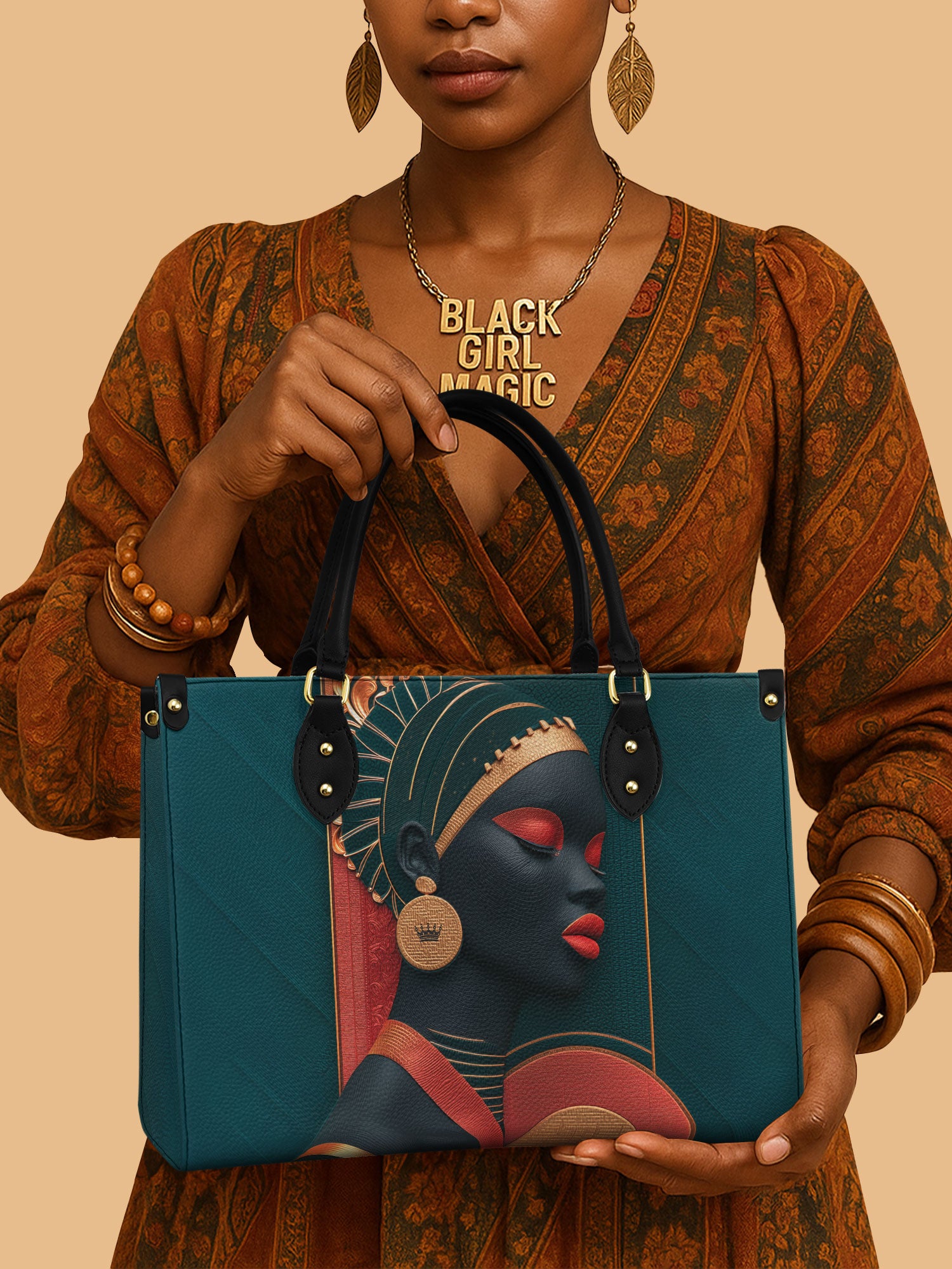 African Queen On Teal Background Leather Handbag Best African American Gifts For Her