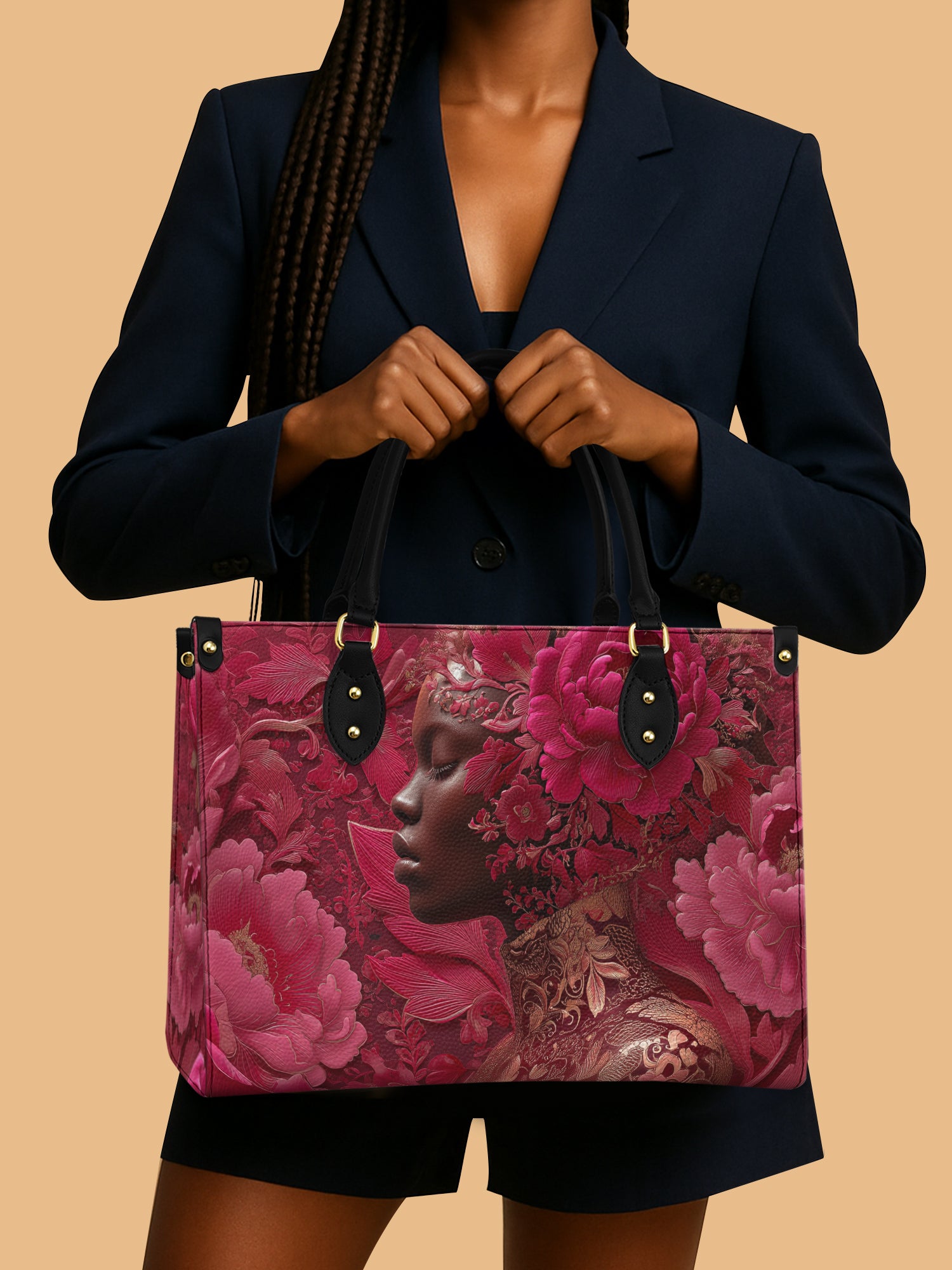 African Queen Peony Soul Leather Bag Black Woman Theme Bag Native Gifts For Peony Lovers