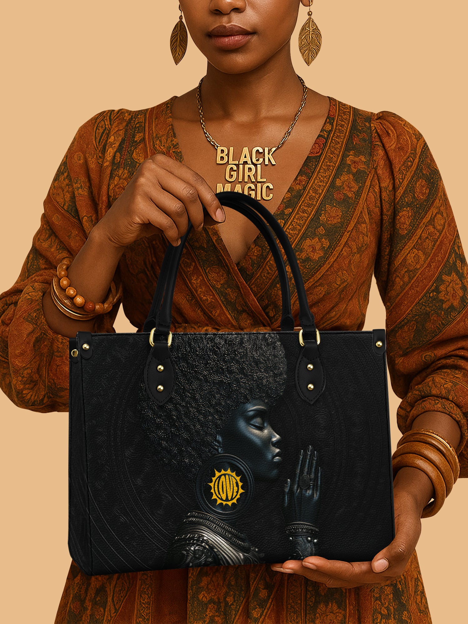 African Queen Praying Glossy Black Leather Bag Black Women Theme Bag African Present Ideas