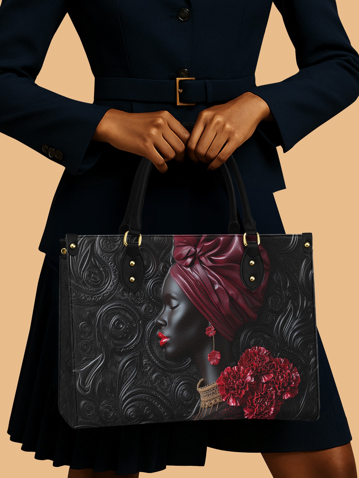 African Queen Red Carnations Leather Bag Black Woman Theme Bag Gifts For Carnation Lovers