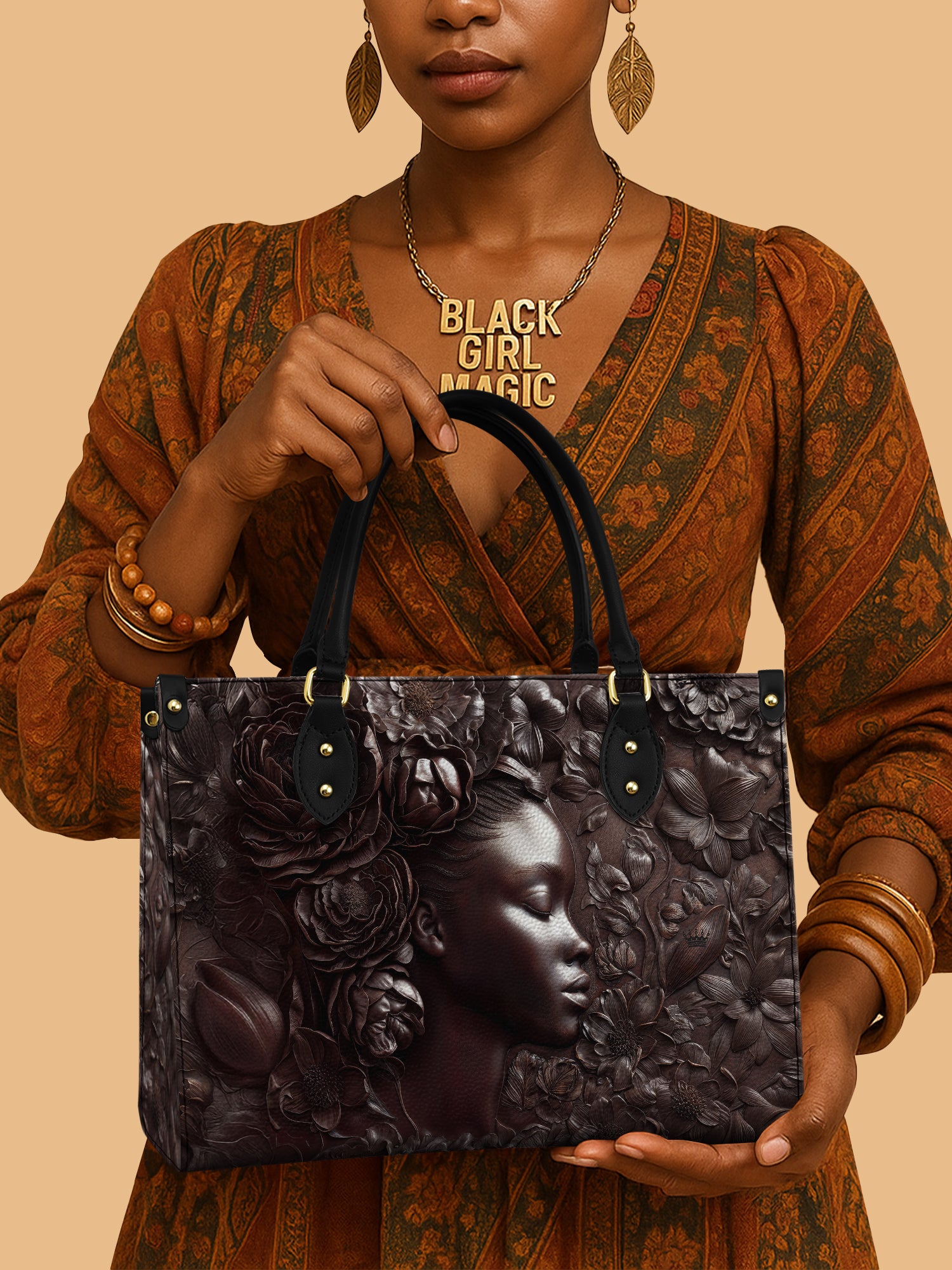 African Queen Rich Brown Floral Leather Bag African Art Theme Bag Native Gifts For Her