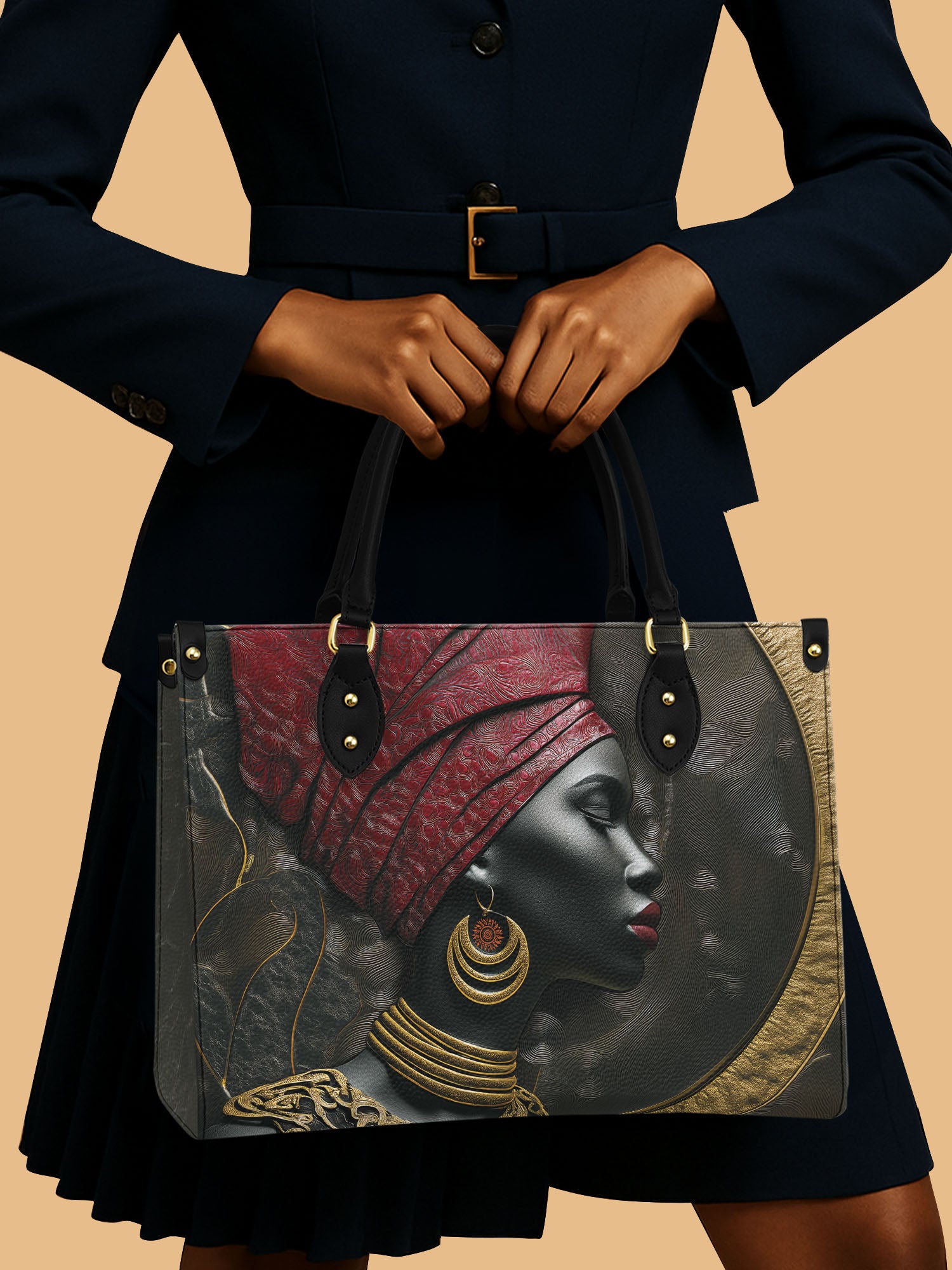 African Queen Velvet Headwrap Leather Bag African Art Theme Bag Black Woman Gifts For Her