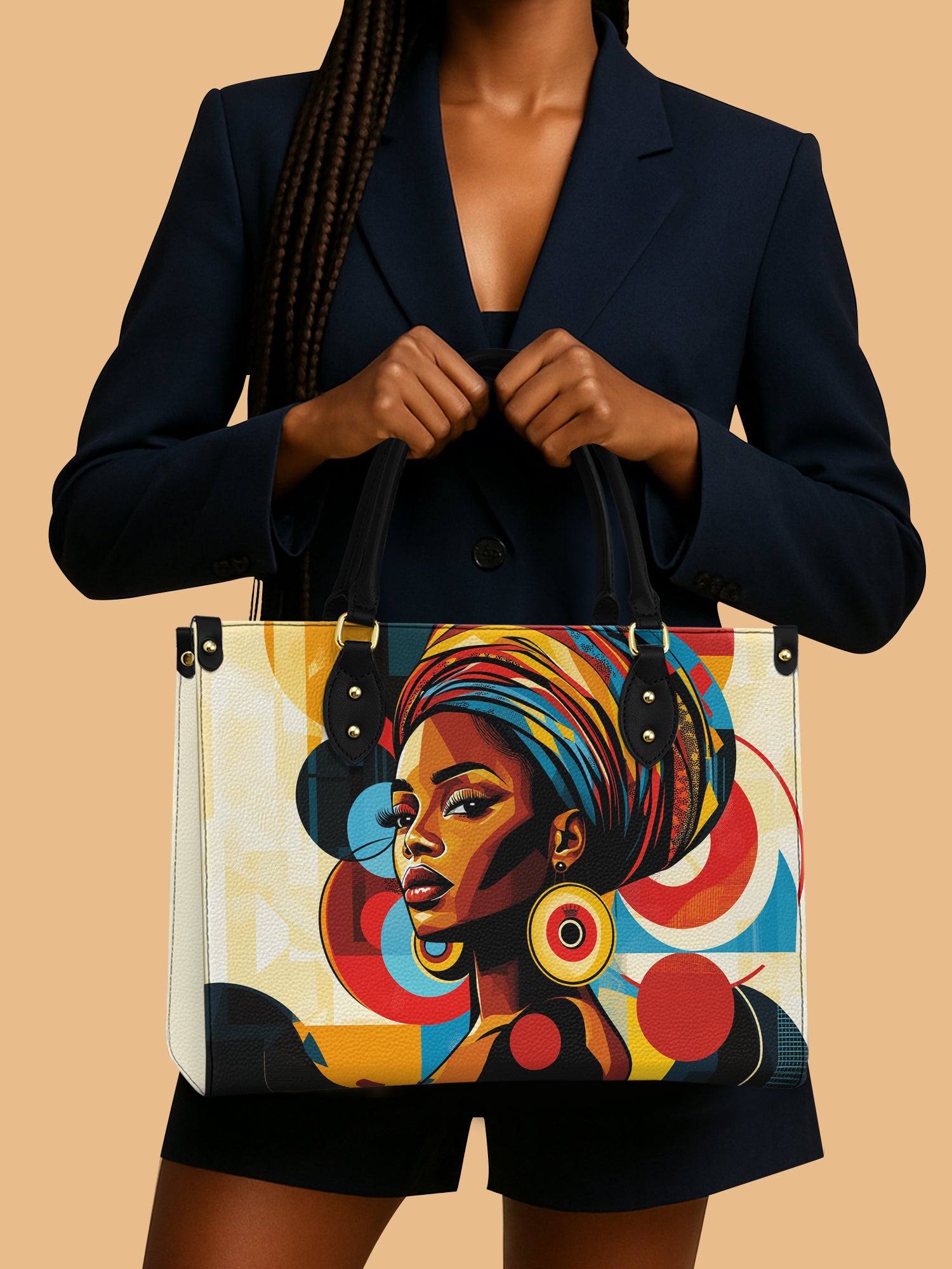 African Queen Vibrant Abstract Headwrap Leather Bag Black Women Bag African American Gifts