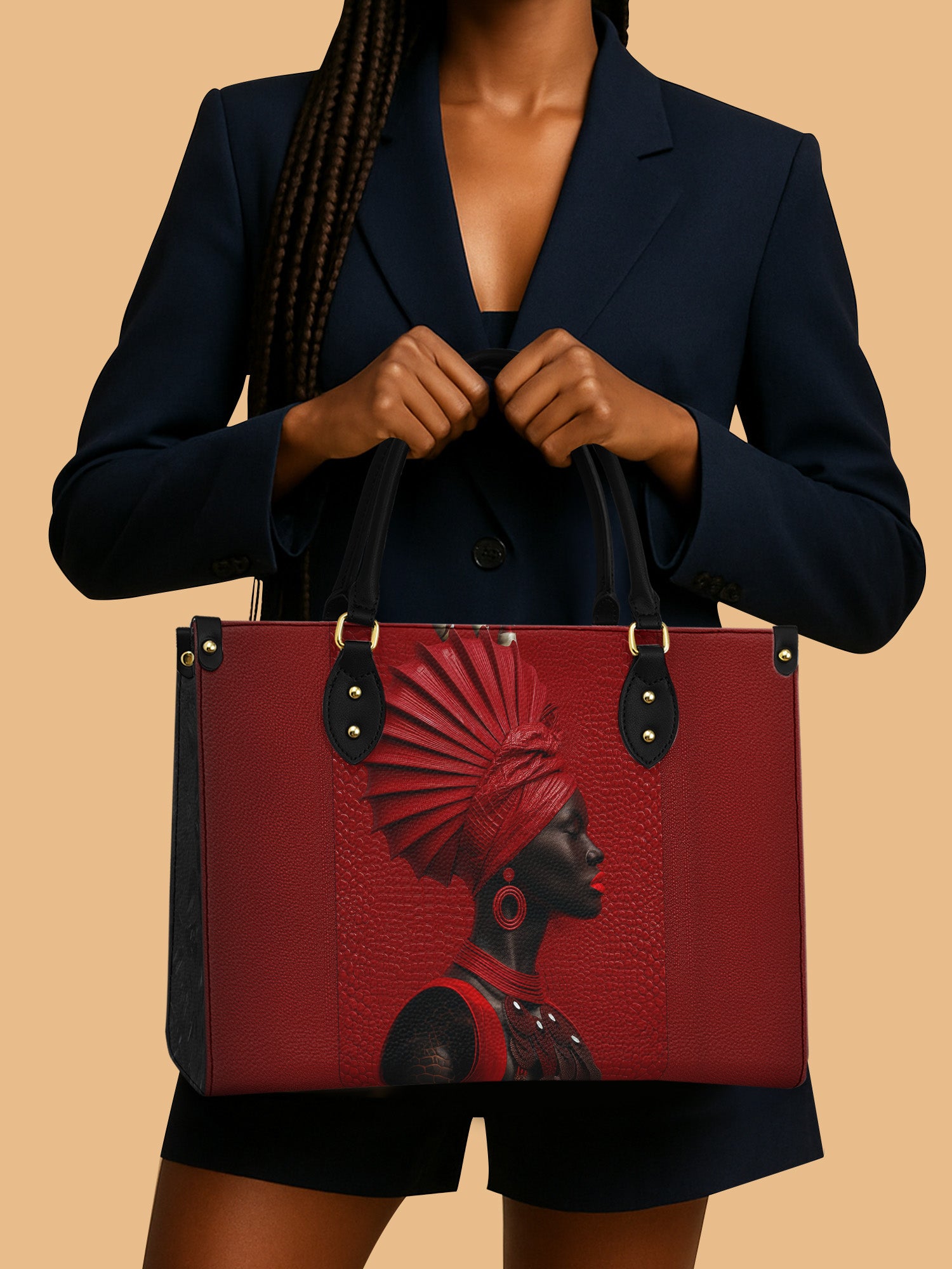 African Queen Warrior Leather Bag African Art Merch Black Woman Red Theme Gifts For Her