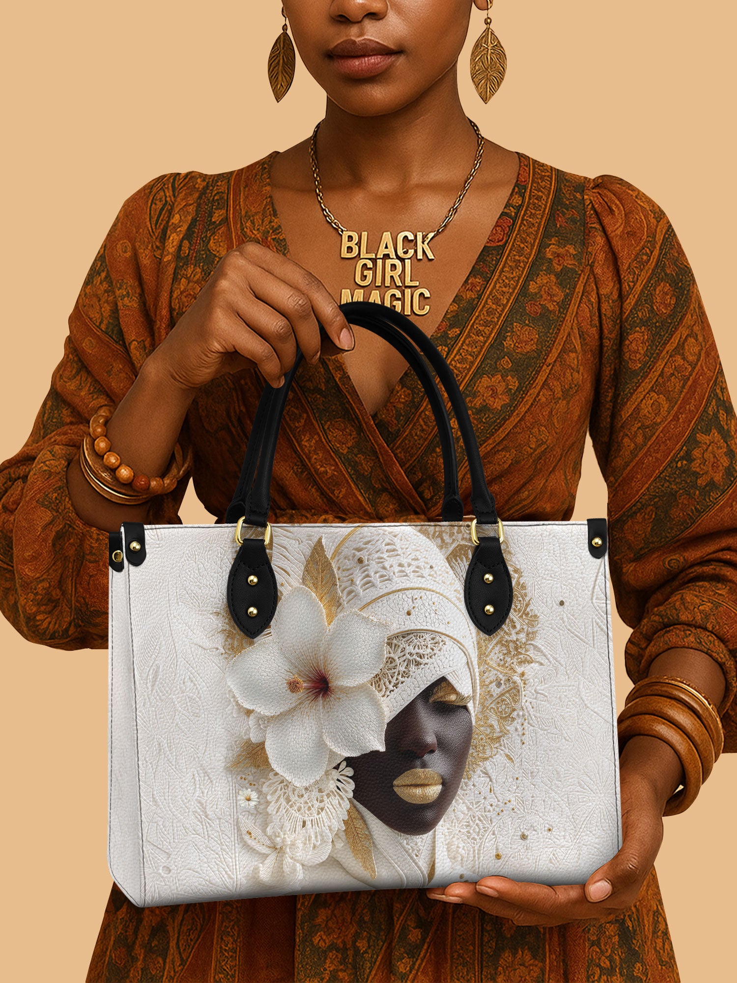 African Queen White Blossom Leather Bag African Art Themed Merch Black Woman Presents