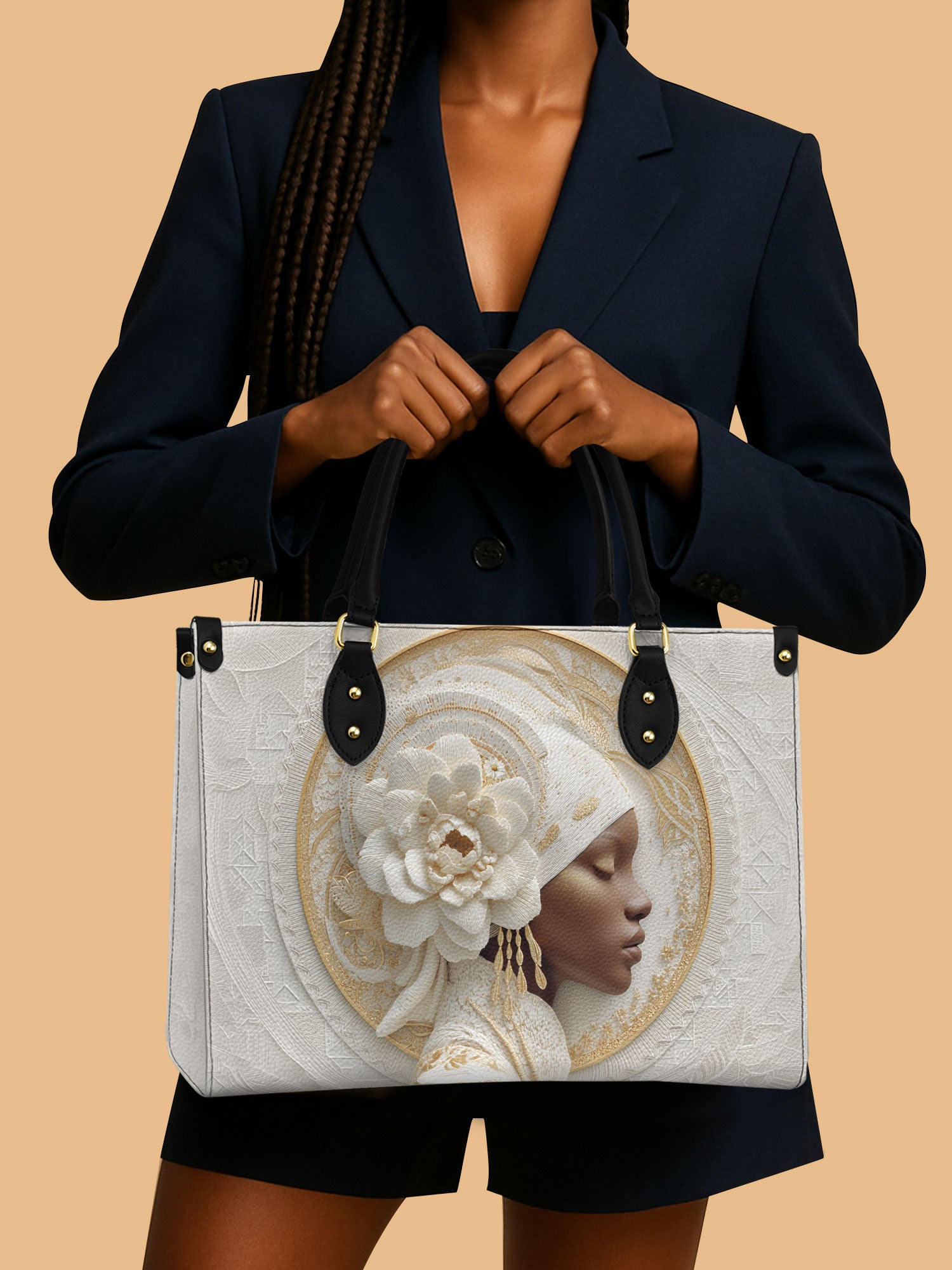 African Queen With Flower Headwrap Leather Handbag Regal Cultural Gifts For Her