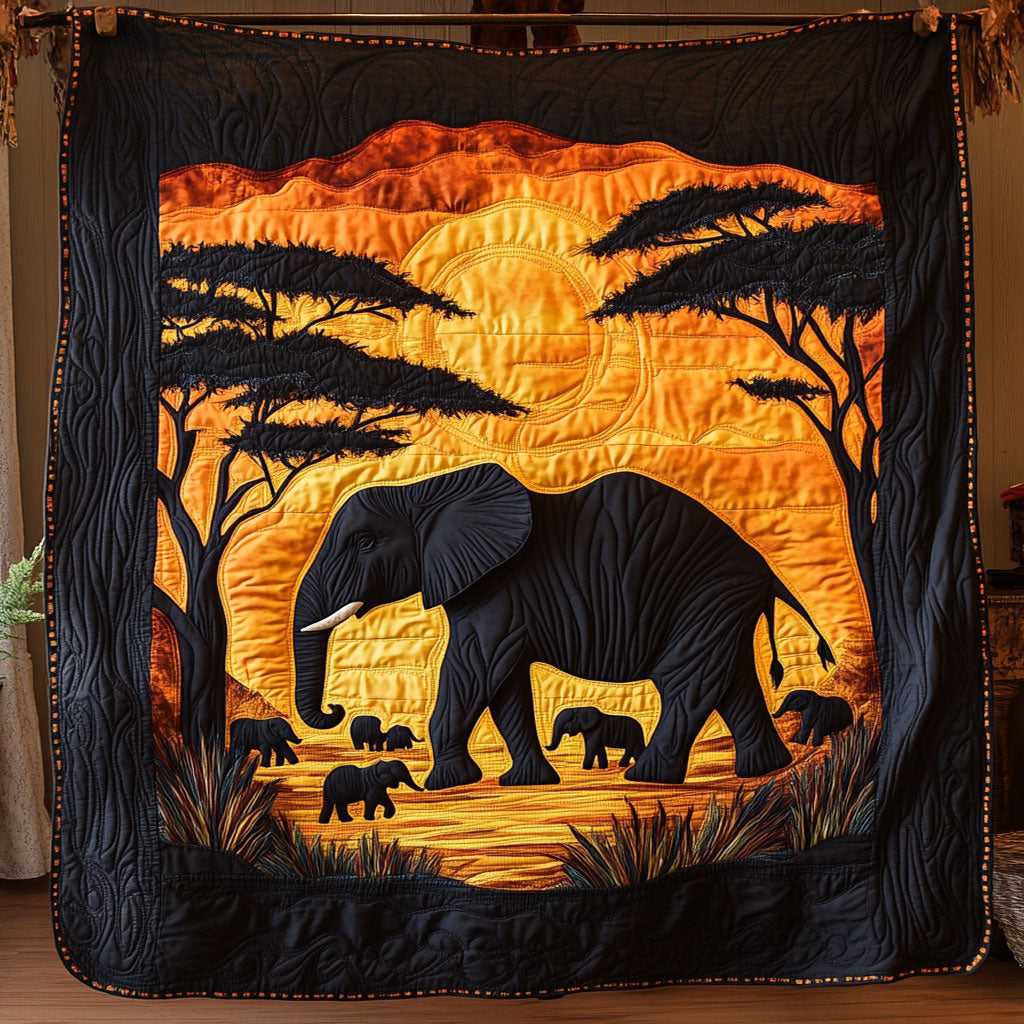 African Sunset Elephant Family Quilt Blanket African Art Blanket Gifts For Elephant Lovers