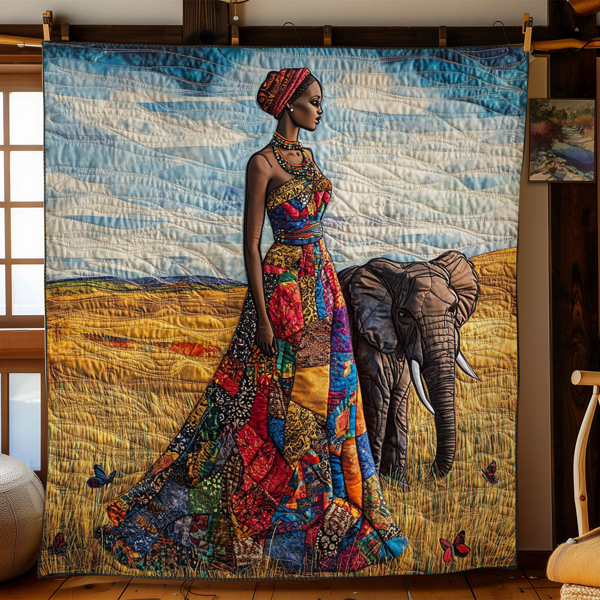 African Woman And Elephant Quilt Blanket African Art Throw Blanket Elephant Lovers Gifts